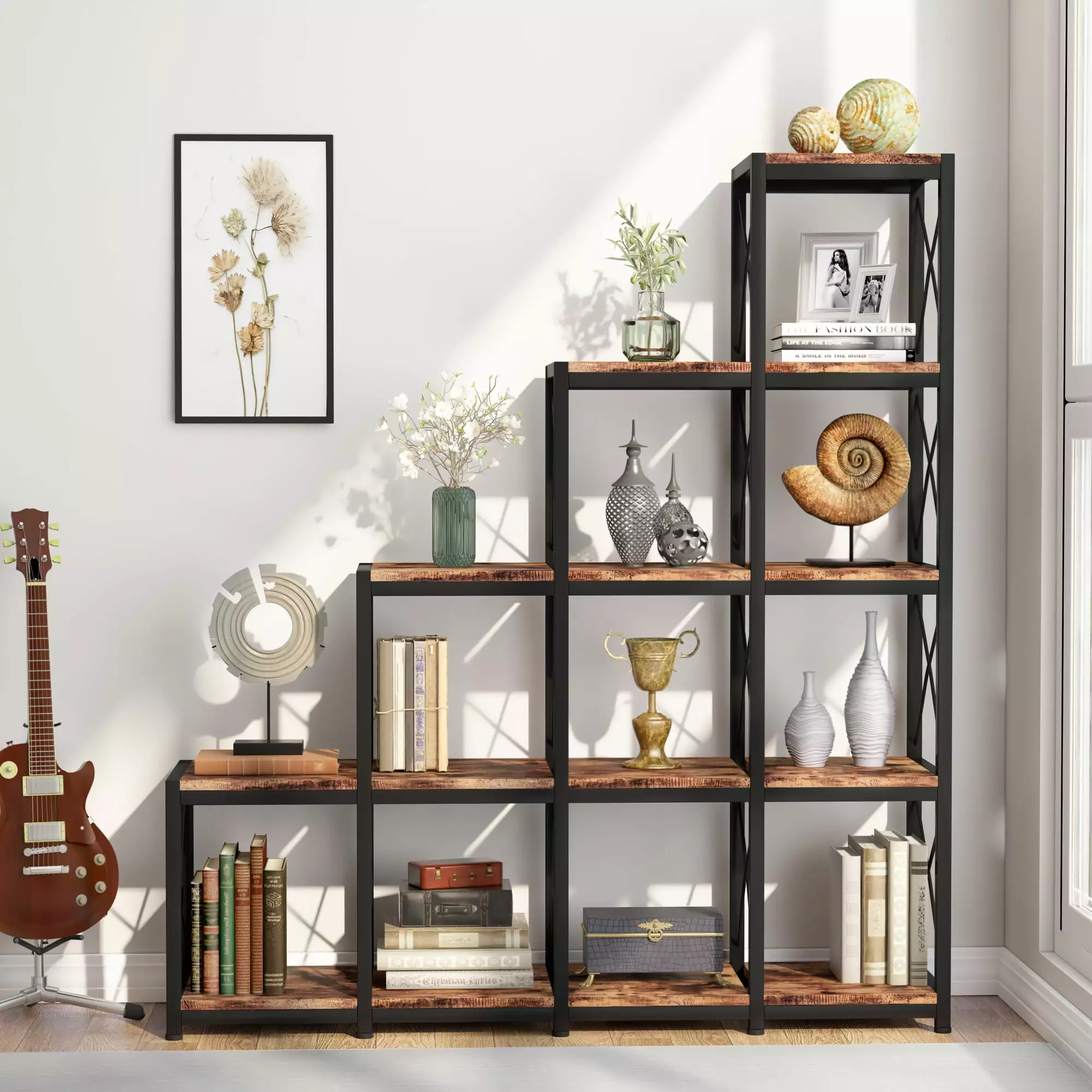 PAKASEPT 14 Shelves Bookshelf Ladder Corner Bookshelf Industrial Vintage Bookshelf Rustic 5-Tier Display Shelf Storage Org...