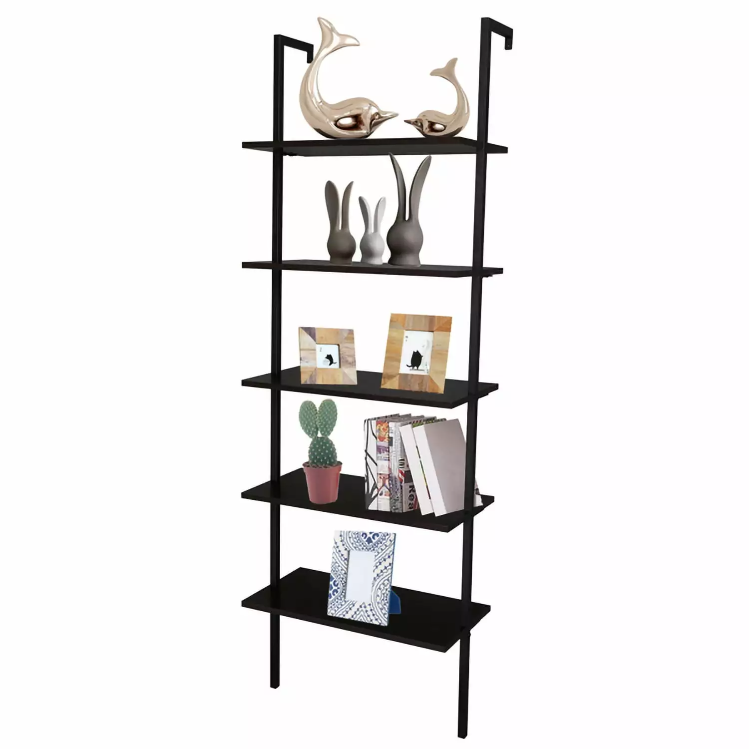 RUseeN 5-Shelf Wood Ladder Bookcase Metal Frame Industrial 5-Tier Modern Ladder Shelf Dark Walnut