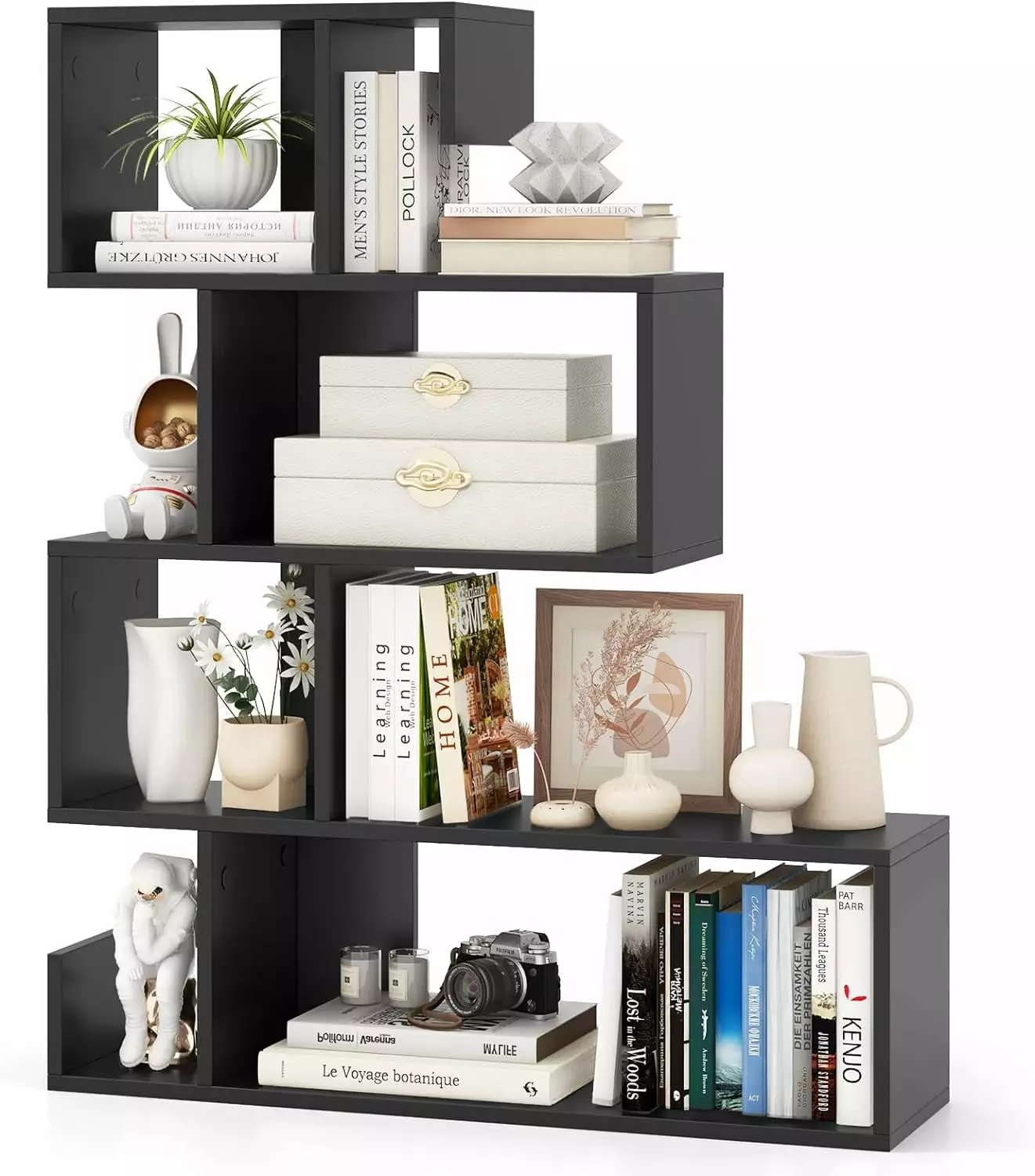 SHUIMINGXING S-Shaped Bookshelf 5-Tier Modern Geometric Stepped Bookcase Anti-Tipping Kits Living Room Home Office Black