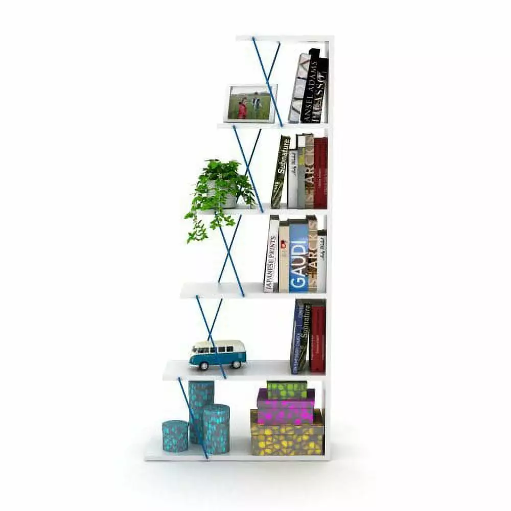 Modern 5 Tier Ladder Bookshelf Organizer Narrow Bookshelf Small Spaces White Blue YASI