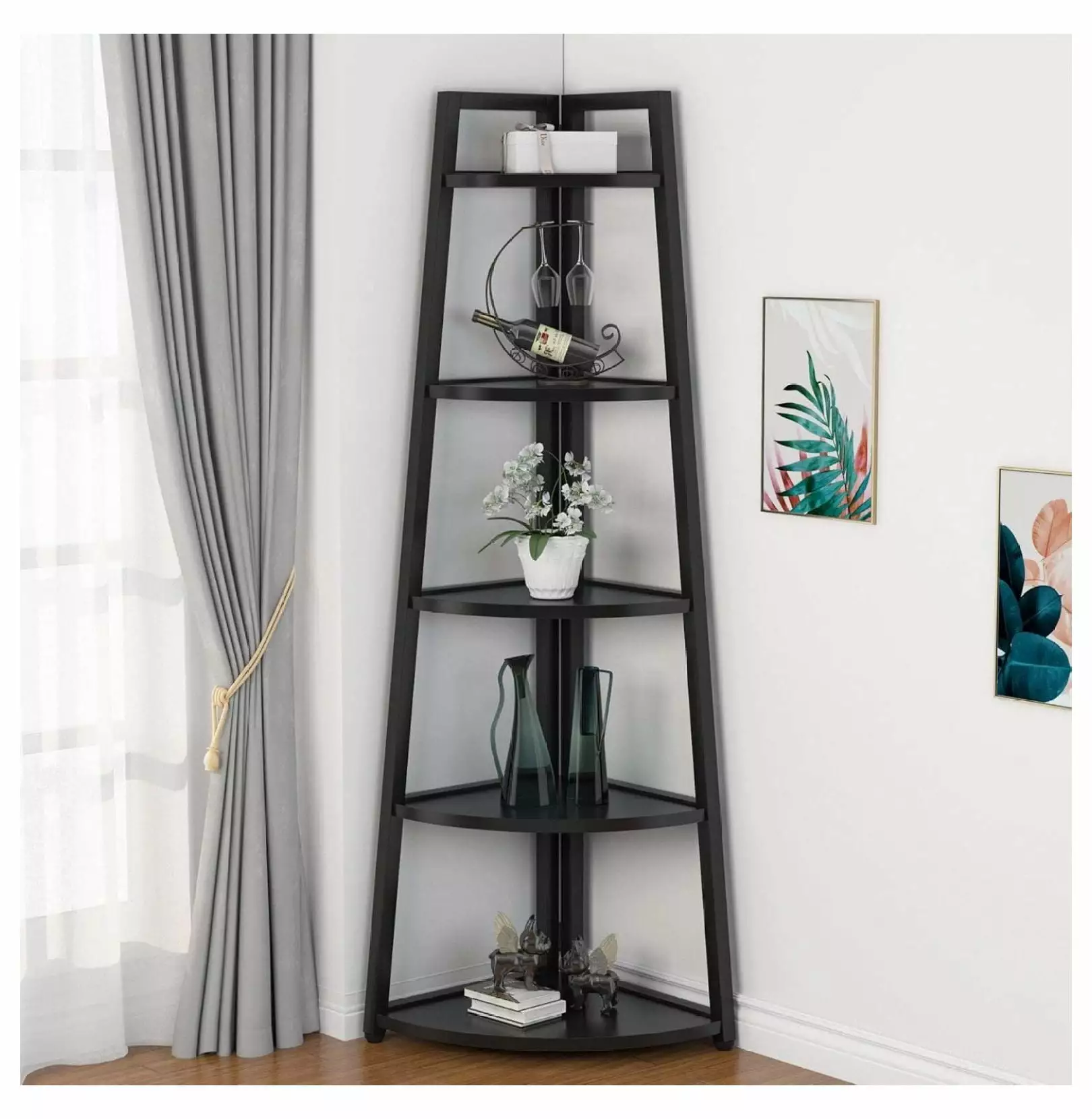 70 Inch Tall Corner Shelf 5-Tier Modern Bookshelf Industrial Ladder Shelf Plant Stand Living Room Kitchen Home Office Blac...