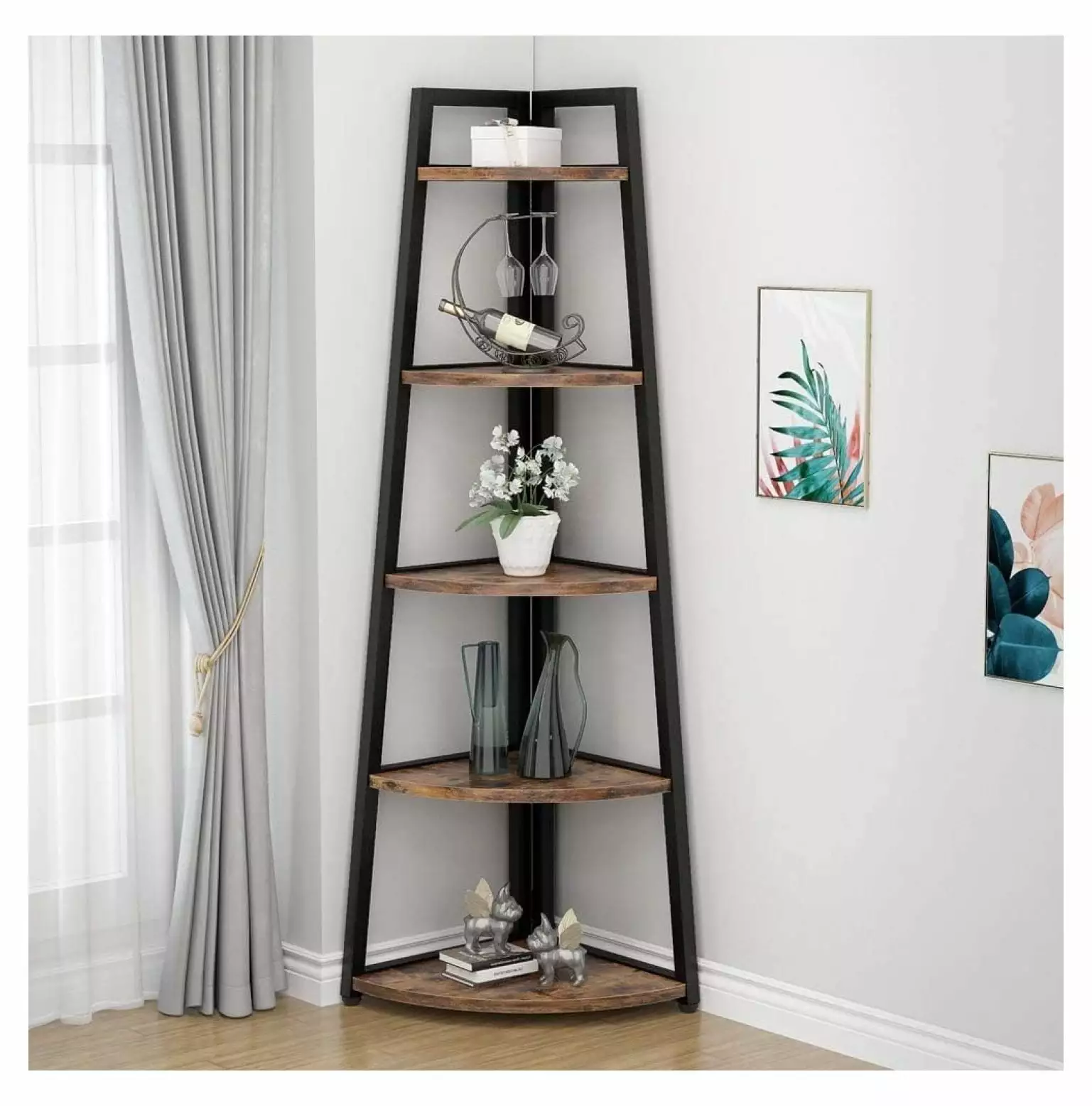 70 Inch Tall Corner Shelf 5-Tier Rustic Bookshelf Industrial Ladder Shelf Plant Stand Living Room Kitchen Home Office Brow...