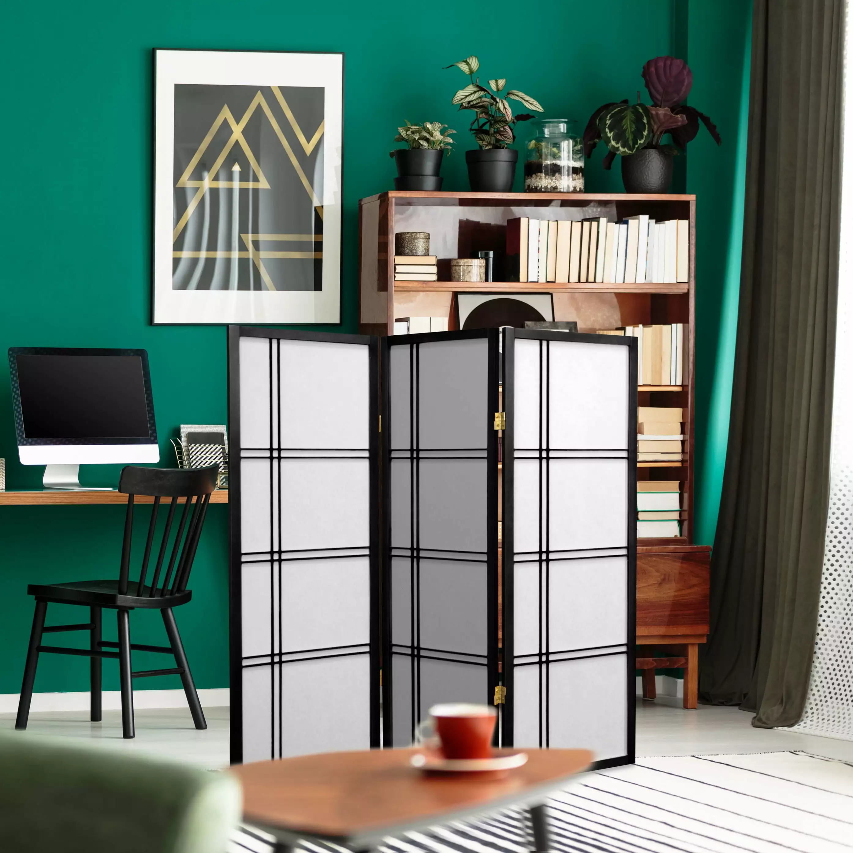4 ft Tall Japanese Design Double Cross Lattice Privacy Screen Black 3 Panels Oriental Furniture