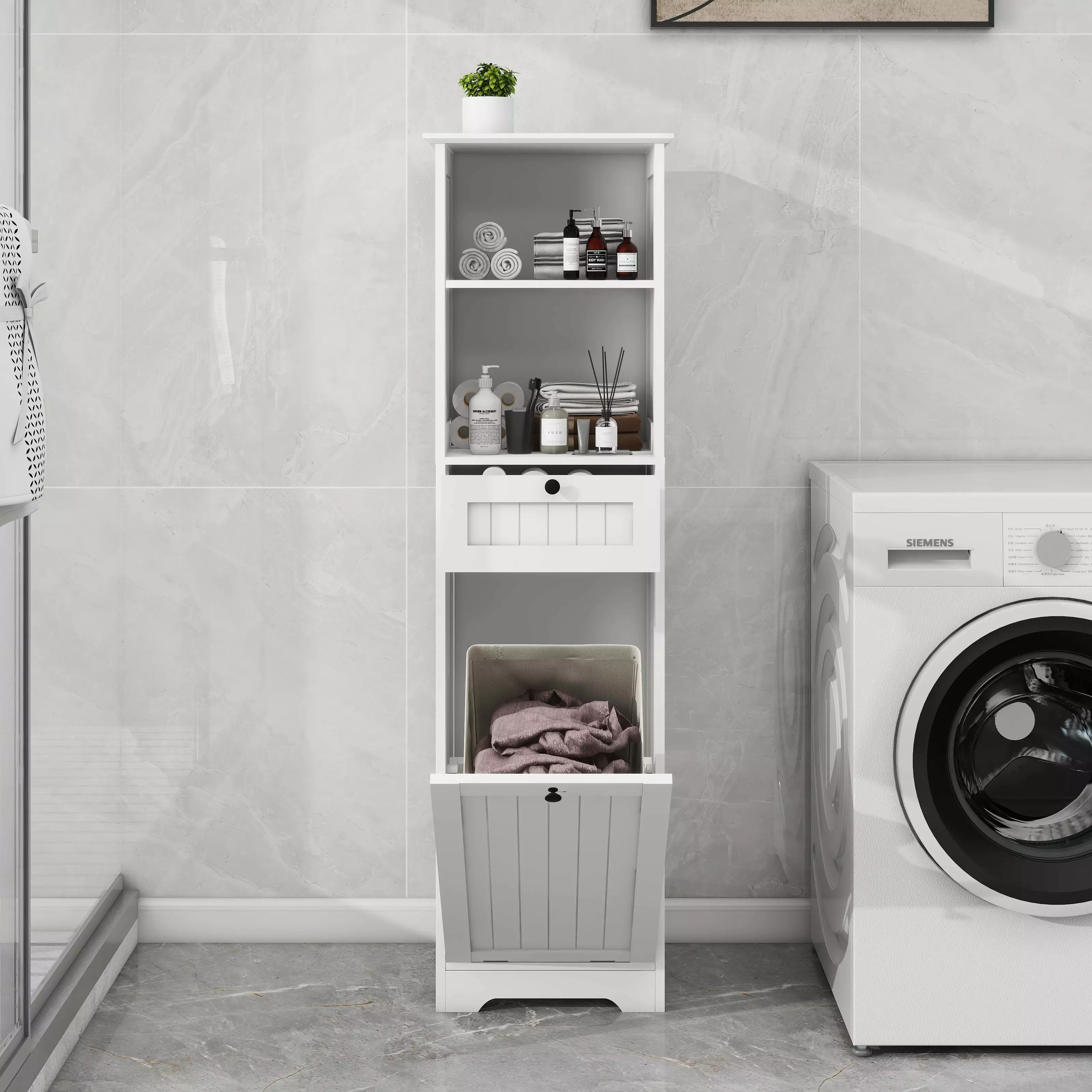 White Tilt-Out Laundry Sorter Cabinet One Compartment Drawer Stylish Laundry Organization latulipo