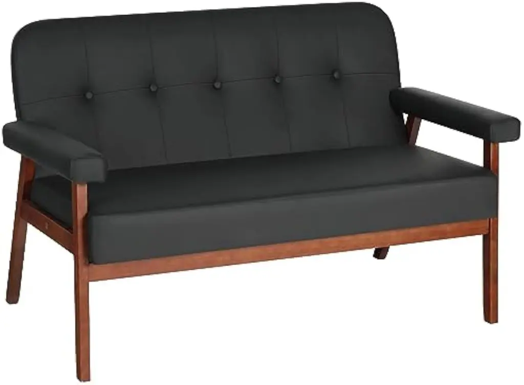 50W Black Faux Leather Loveseat Sofa - Mid Century Modern Office Couch Wood Arms Puapli