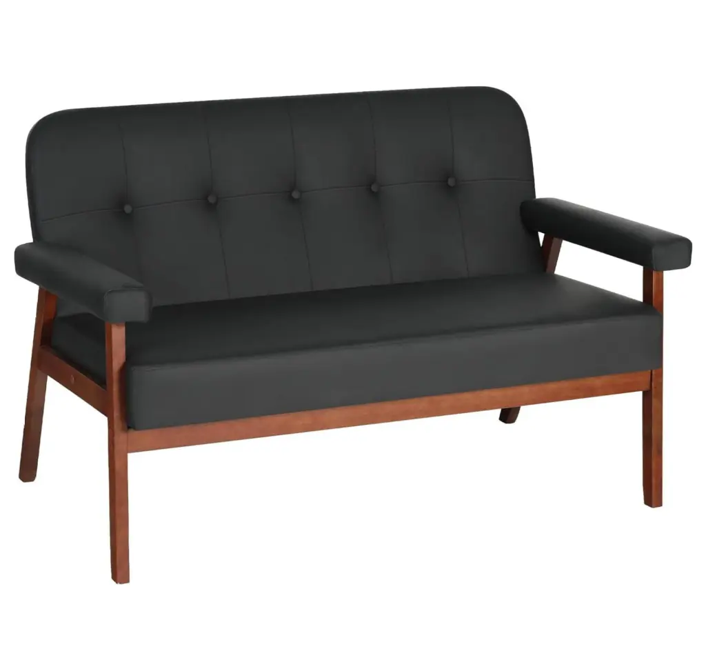 Superwum 50W Black Faux Leather Loveseat Sofa - Modern Office Couch Wood Arms
