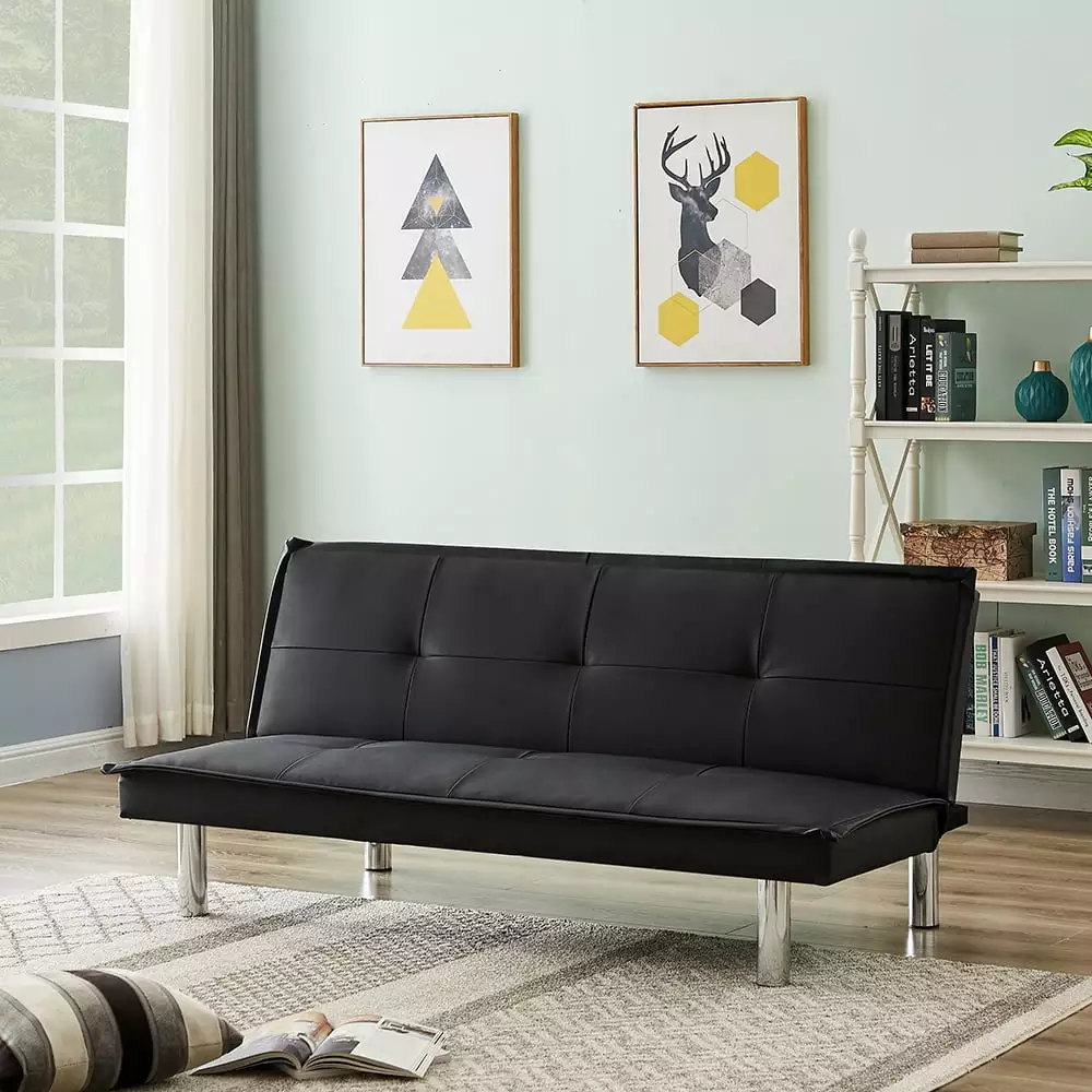 Medgthi PU Leather Convertible Folding Futon Sofa Bed Sleeper Black Futons
