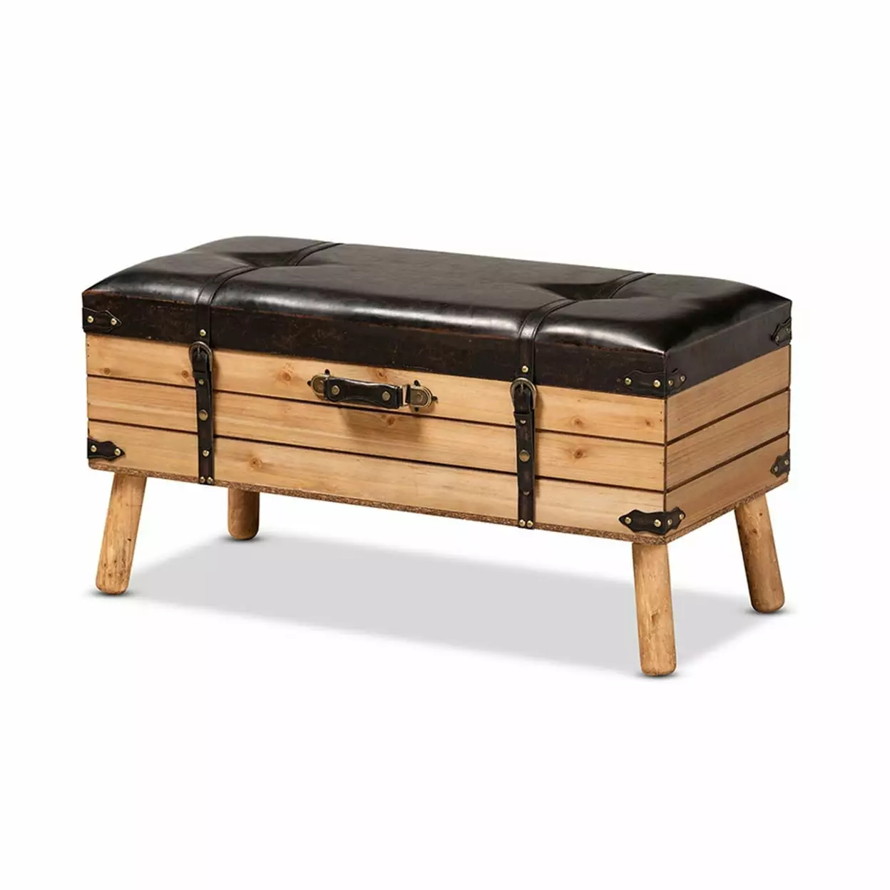 Baxton Studio Amena Rustic Dark Brown PU Leather Storage Ottoman Oak Wood Finish Ottomans