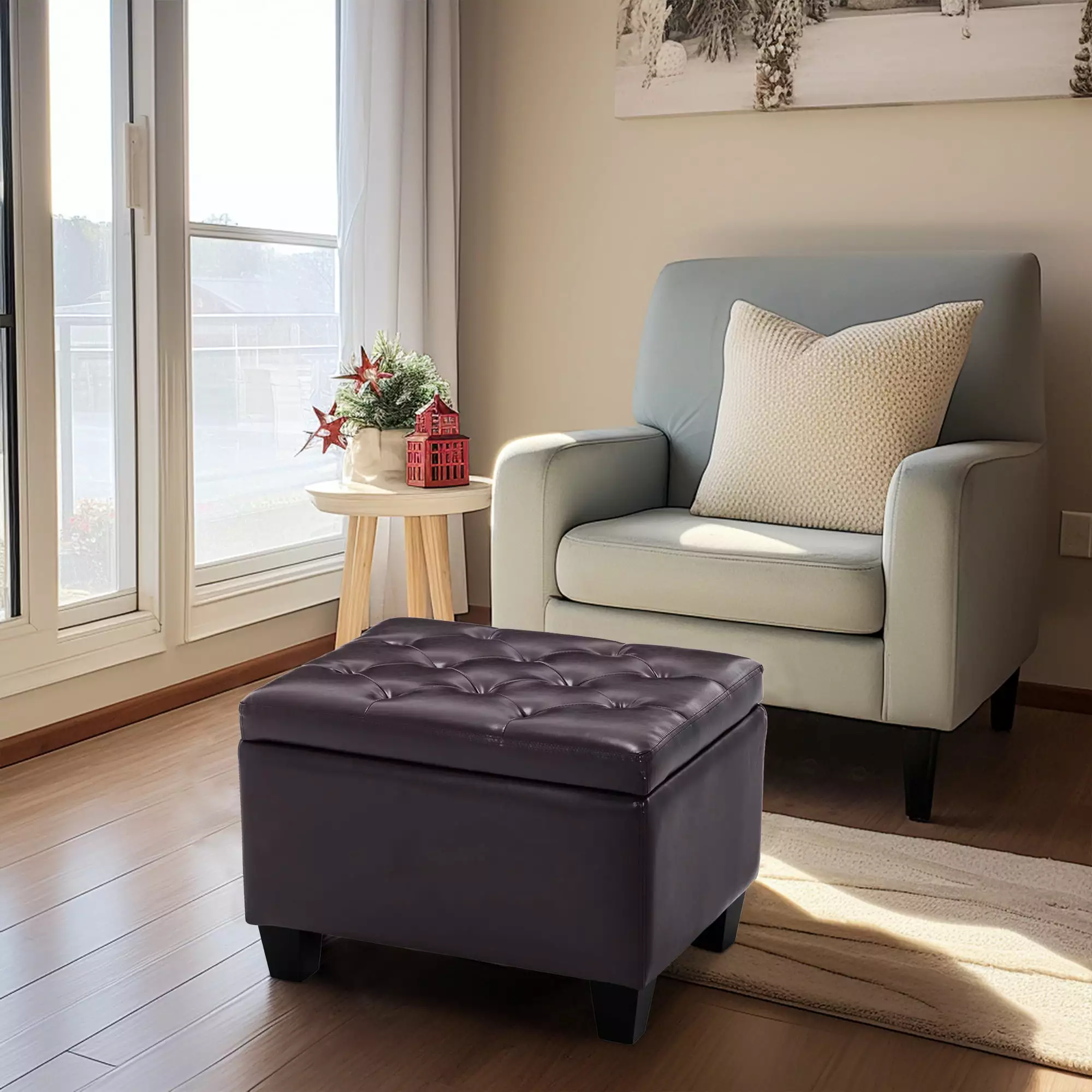 BELLEZE Tufted Ottoman Faux Leather Upholstered Storage Rectangle Foot Rest Stool Brown Ottomans