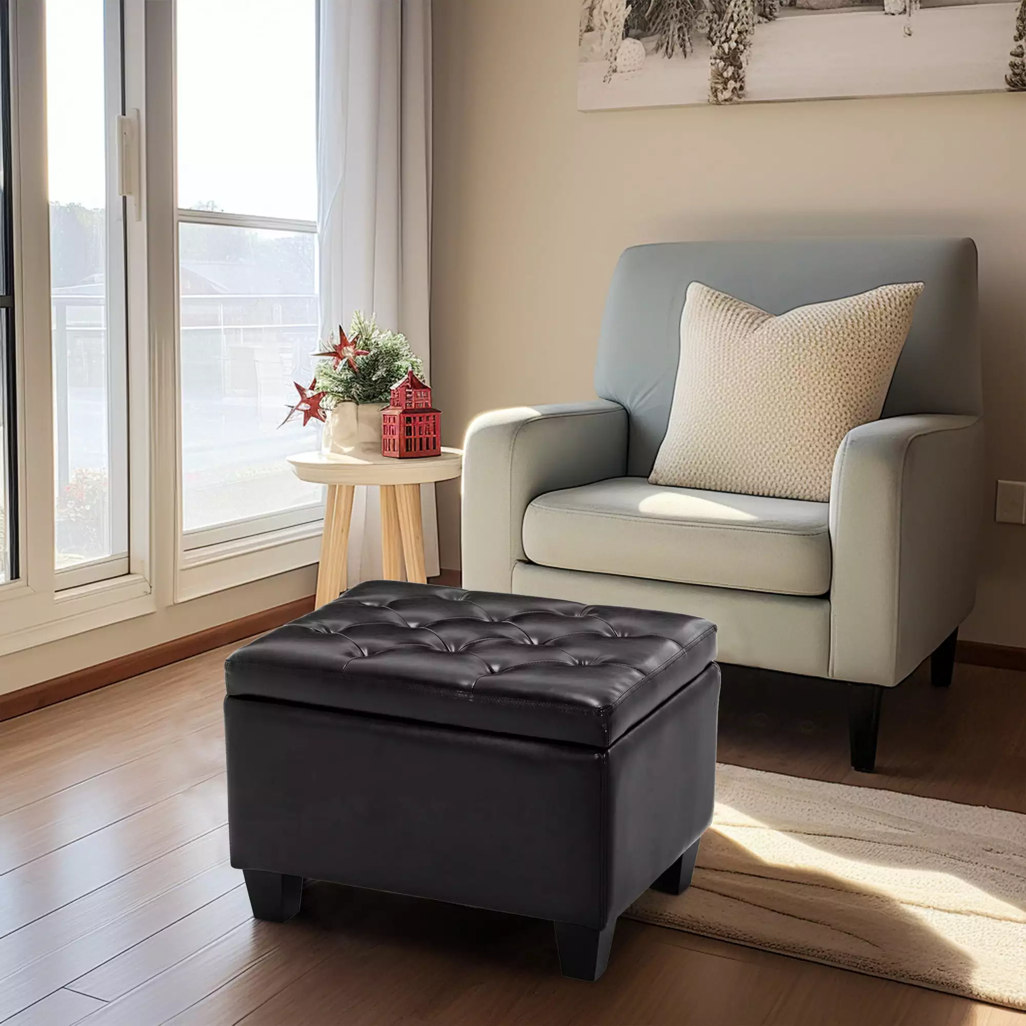 BELLEZE Upholstered Tufted Faux Leather Rectangle Storage Ottoman Foot Rest Stool Black Ottomans