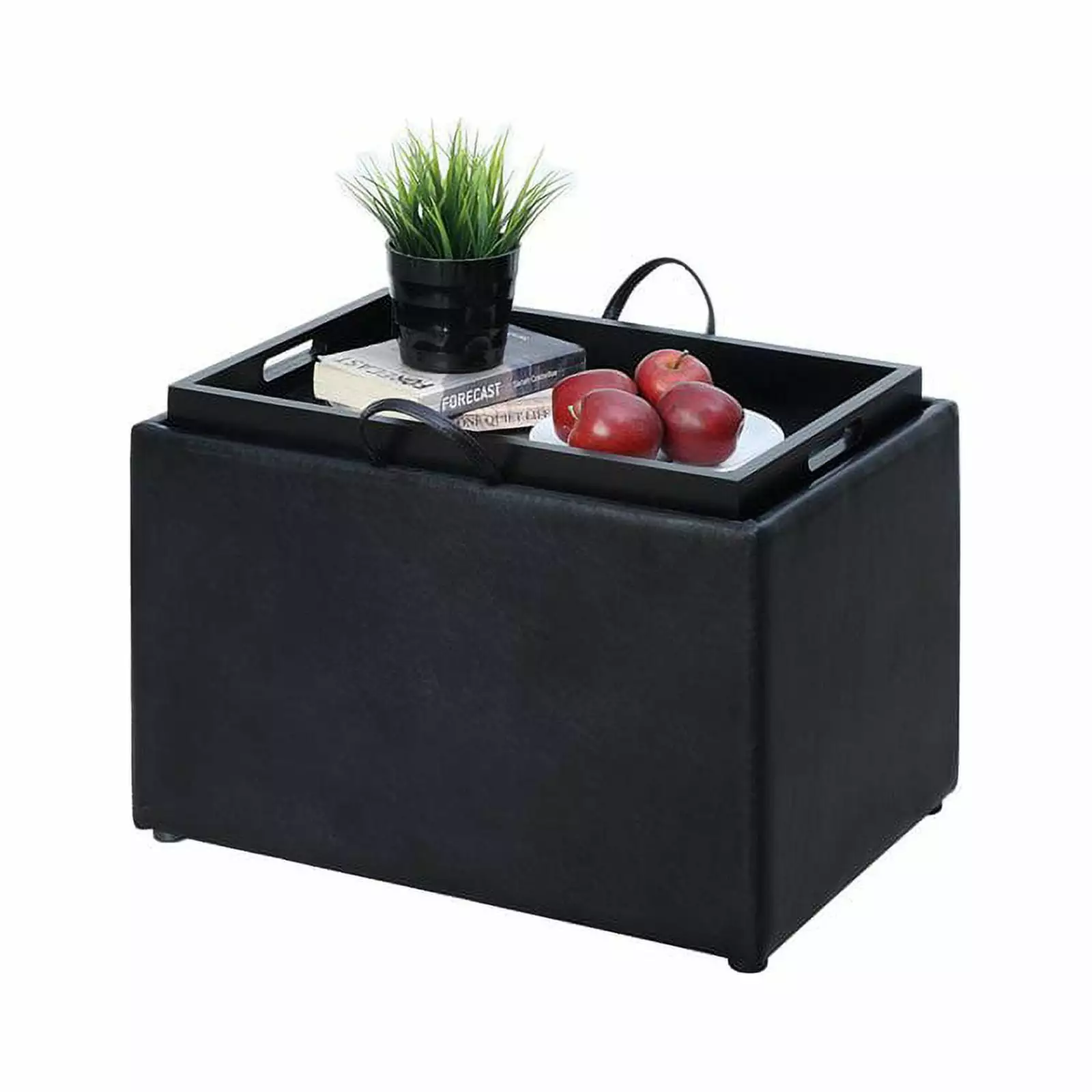 Pemberly Row Transitional Storage Ottoman Black Faux Leather Ottomans