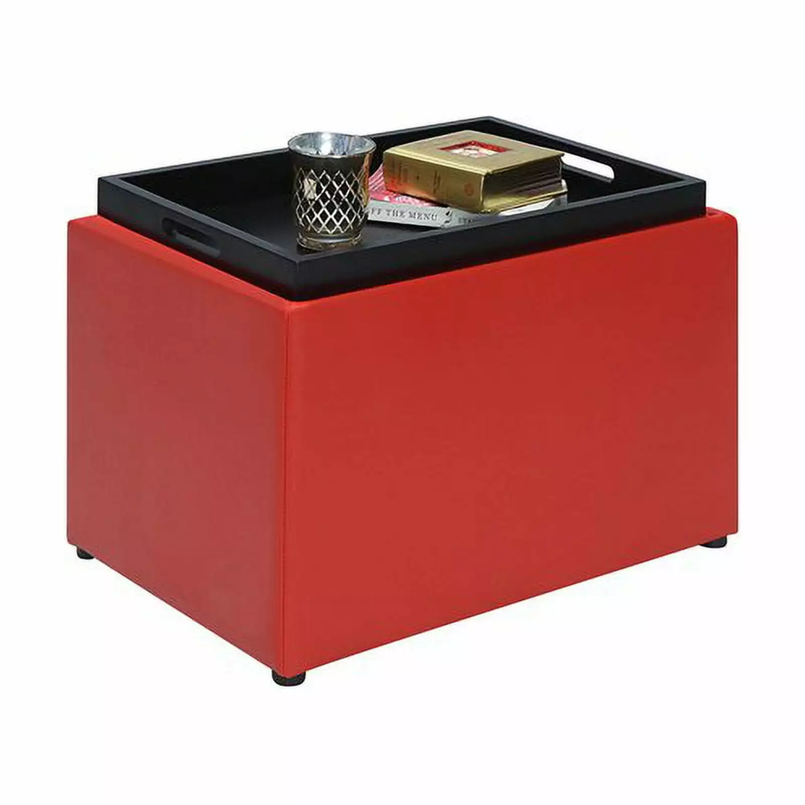 Pemberly Row Transitional Storage Ottoman Bright Red Faux Leather Ottomans