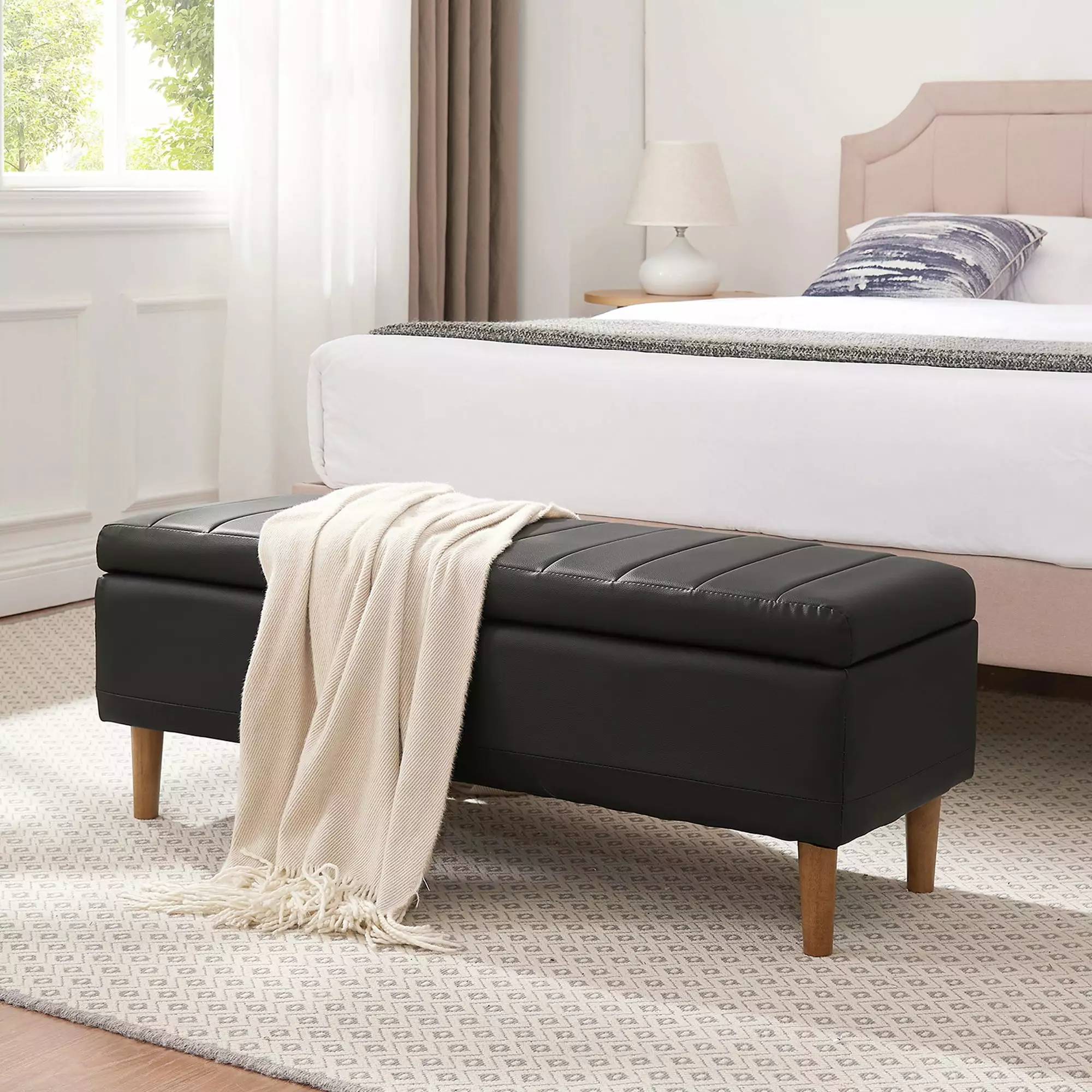 VECELO 44.5 Inch Black PU Leather Storage Ottoman Bench Wood Legs Entryway Ottomans