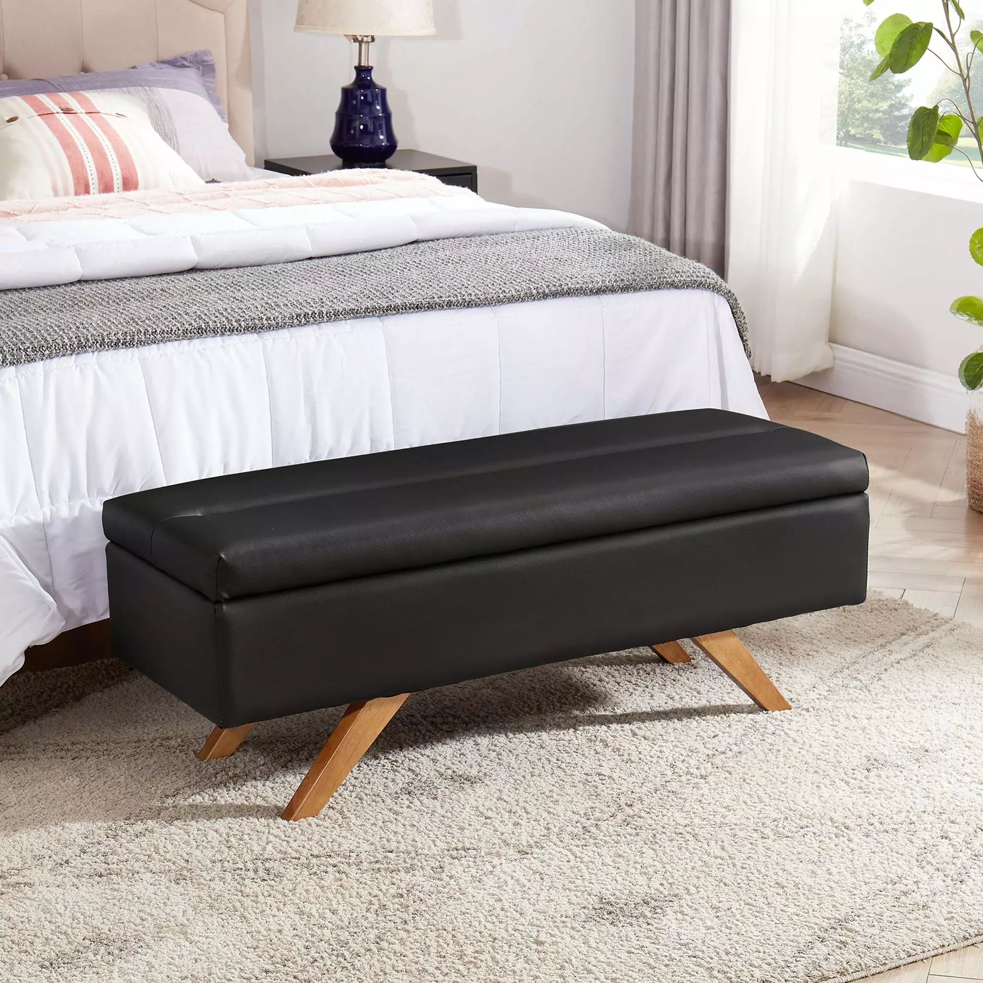 VECELO 44 Inch Black Faux Leather Storage Ottoman Bench Wood Legs Ottomans