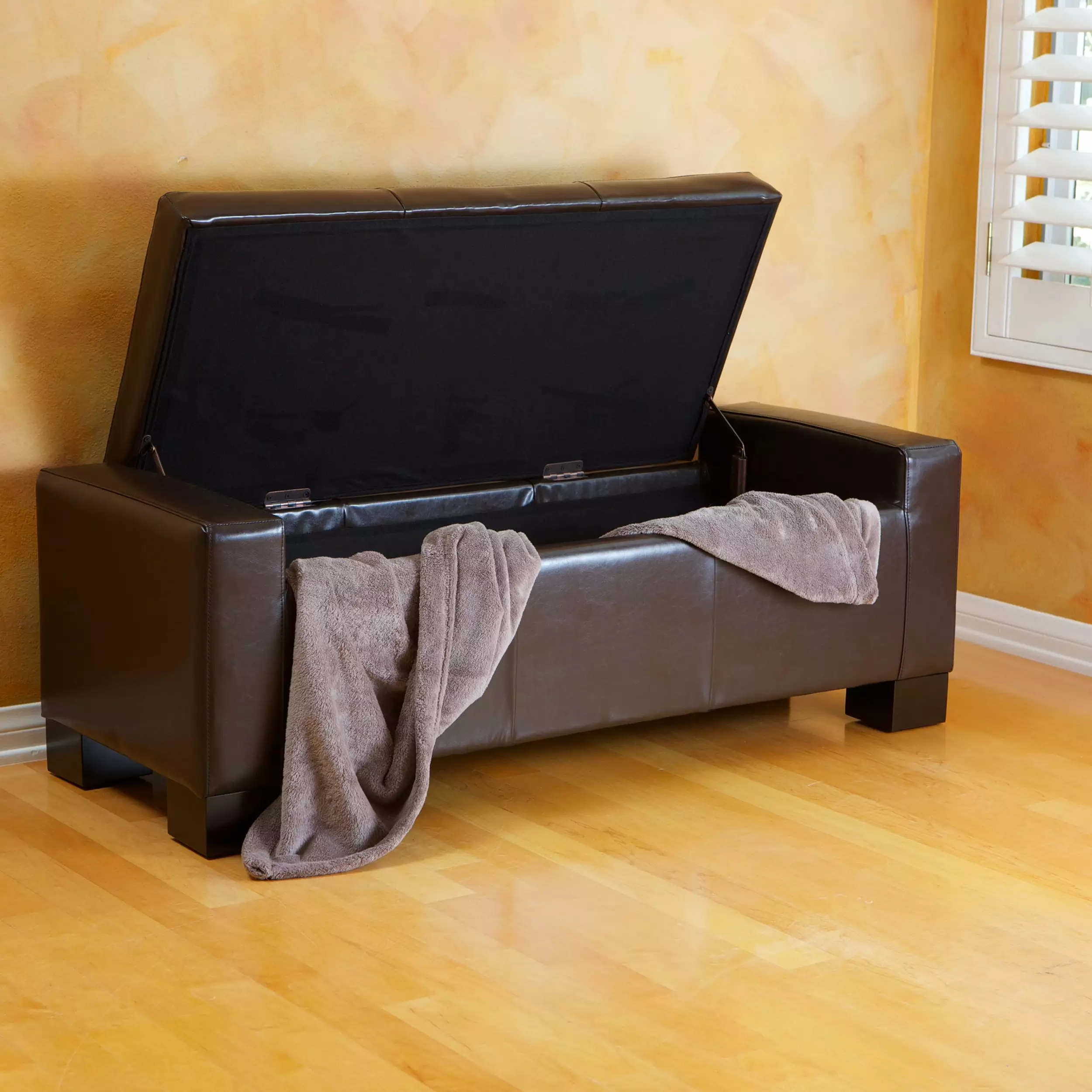 Noble House Jamestown Contemporary Tufted Bonded Leather Storage Ottoman Bench Brown Ottomans