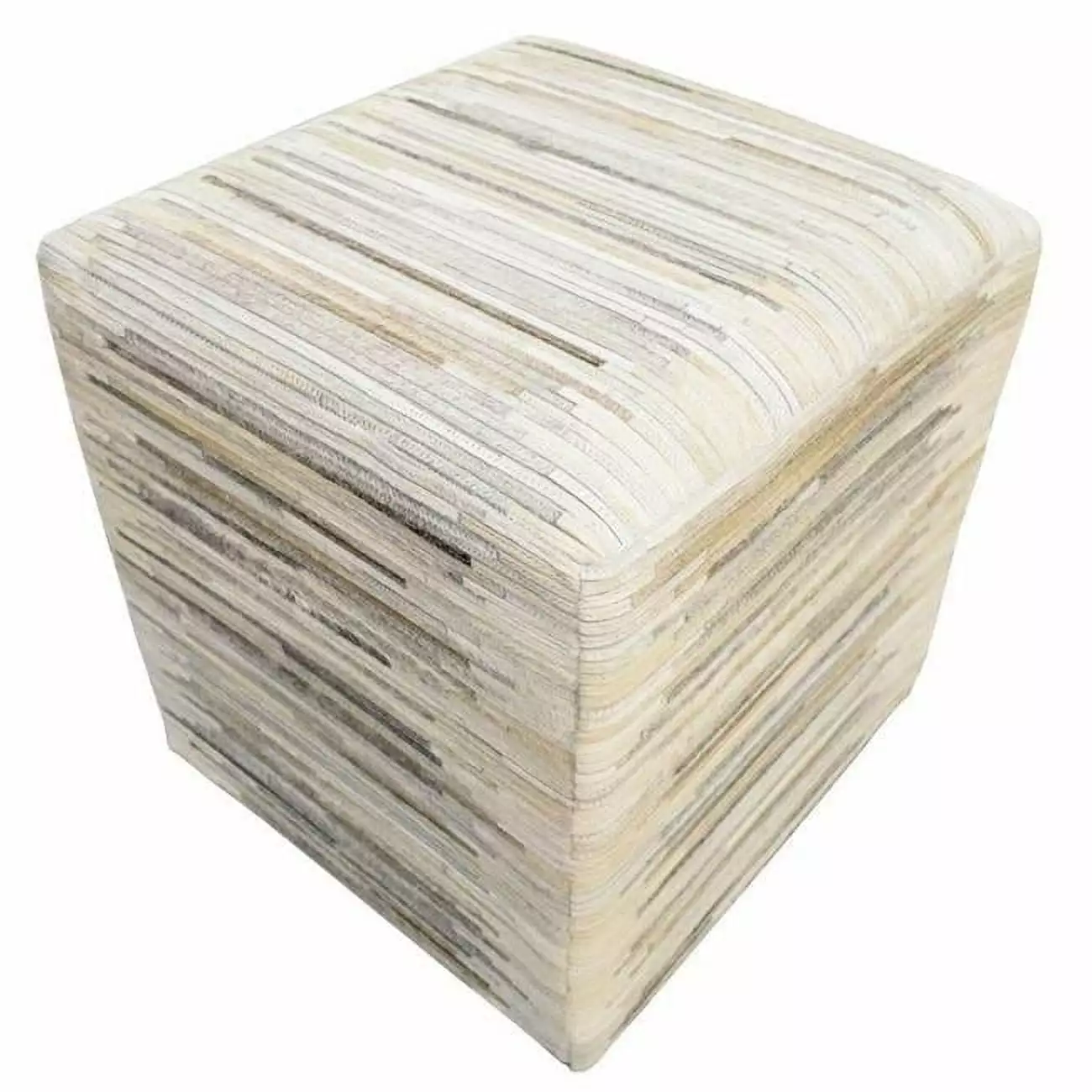 Rug Decor Genuine Leather Hand Stitched Striped Pouf Beige & Silver