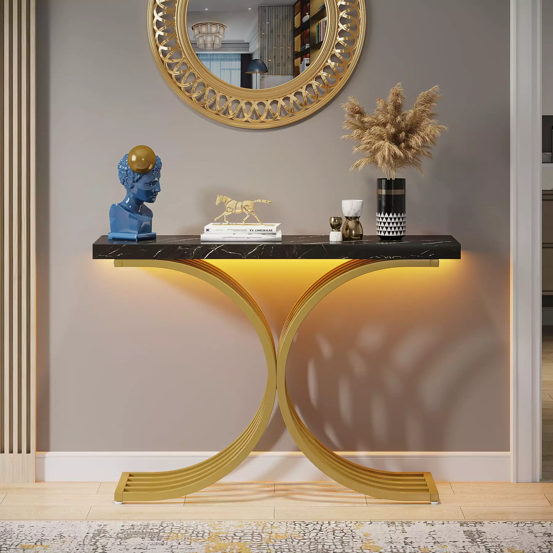 Tribesigns Gold Entryway Console Table LED Lights Faux Marble Top Console