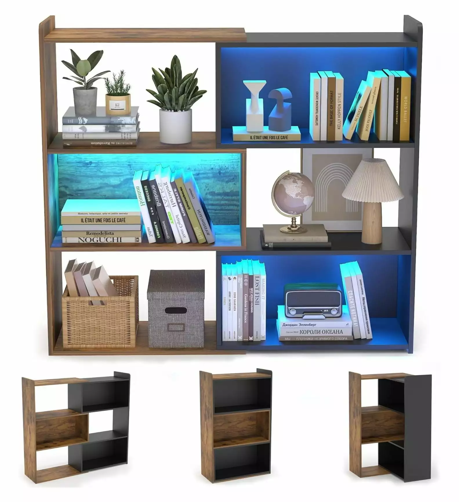 4 Tier L Shaped Corner Bookshelf Storage Organizer Small Bookshelf LED Light Living Room Home Office Bedroom Alieon