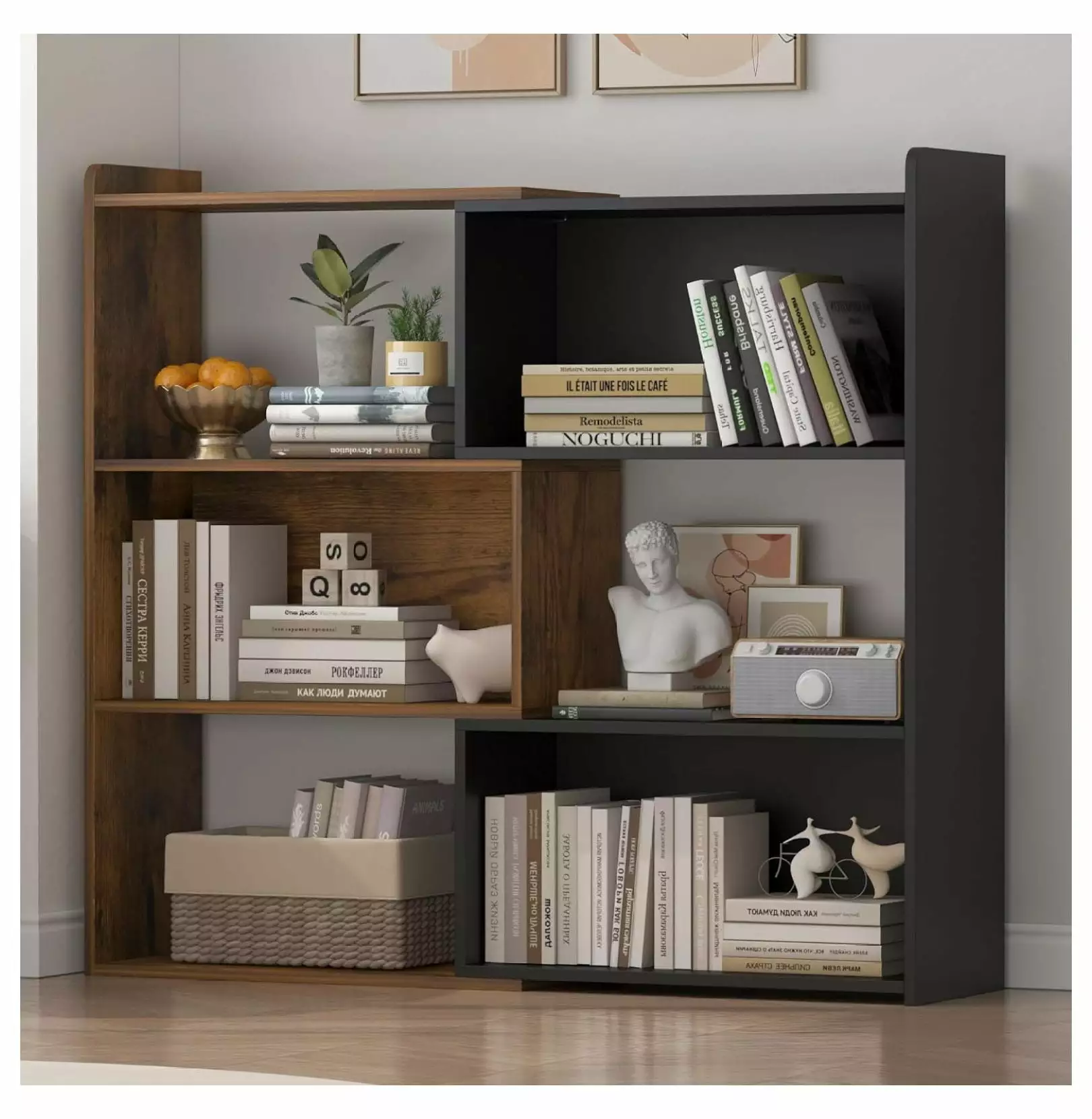 4 Tier L Shaped Corner Bookshelf Storage Organizer Small Bookshelf LED Light Living Room Home Office Bedroom LcXctD