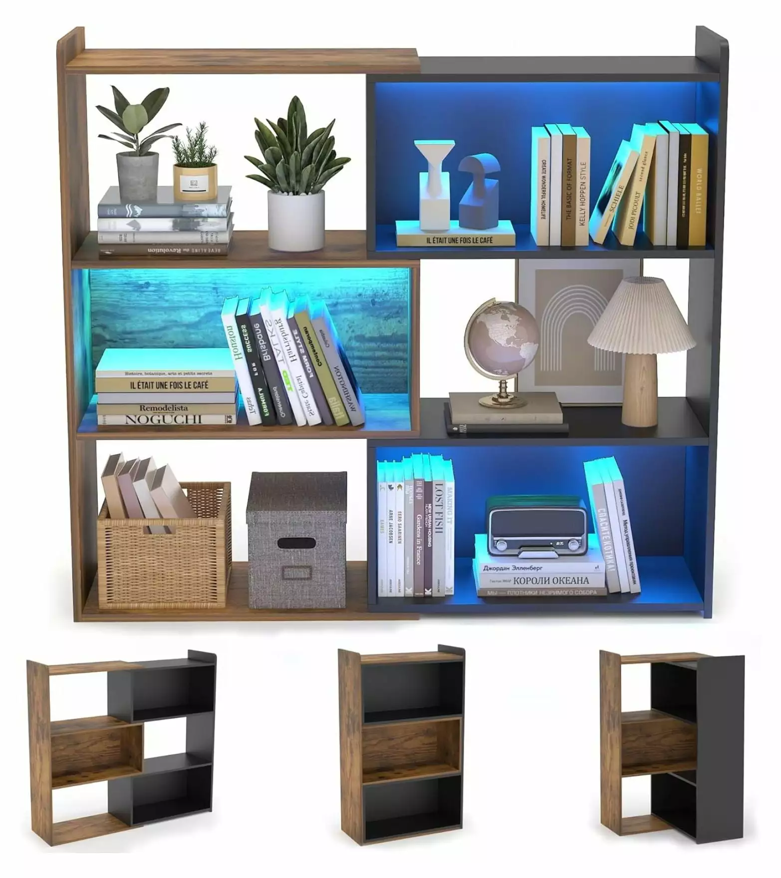 Superwum Corner Bookshelf 4-Tier L-Shaped Bookcase Storage Organizer Small Bookshelf LED Light Living Room Home Office Bed...