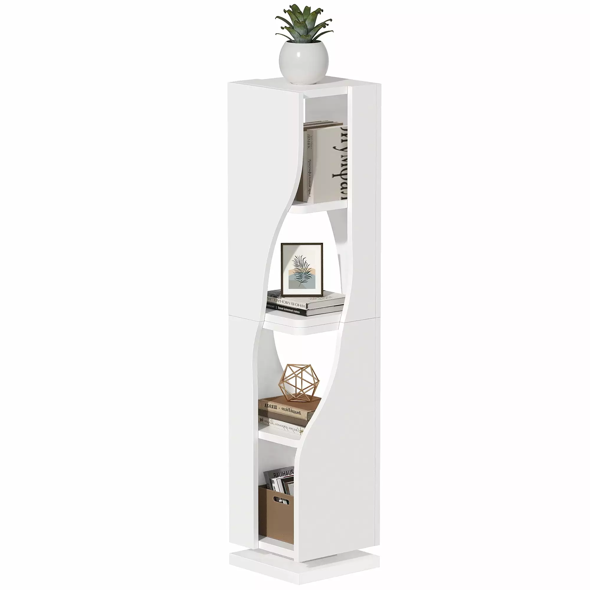 Uforic 4-Tier Narrow Bookcase LED Light 71.5 Rotating Bookshelf Geometric Modern Corner Shelf Storage Organizer Home Offic...