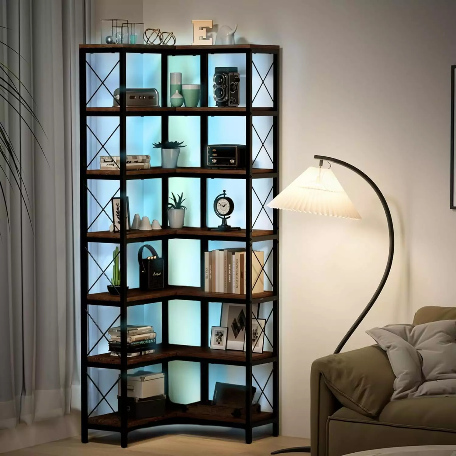 7-Tier Corner Bookshelf LED Light Strips 78.7 Tall Storage Display Rack Metal Frame Large Capacity Bookcase Rustic Brown E...