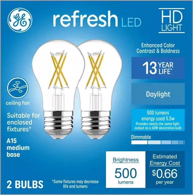 GE Refresh HD LED 60 Watt Replacement Daylight A15 Ceiling Fan Bulbs 2 Pack GE Lighting