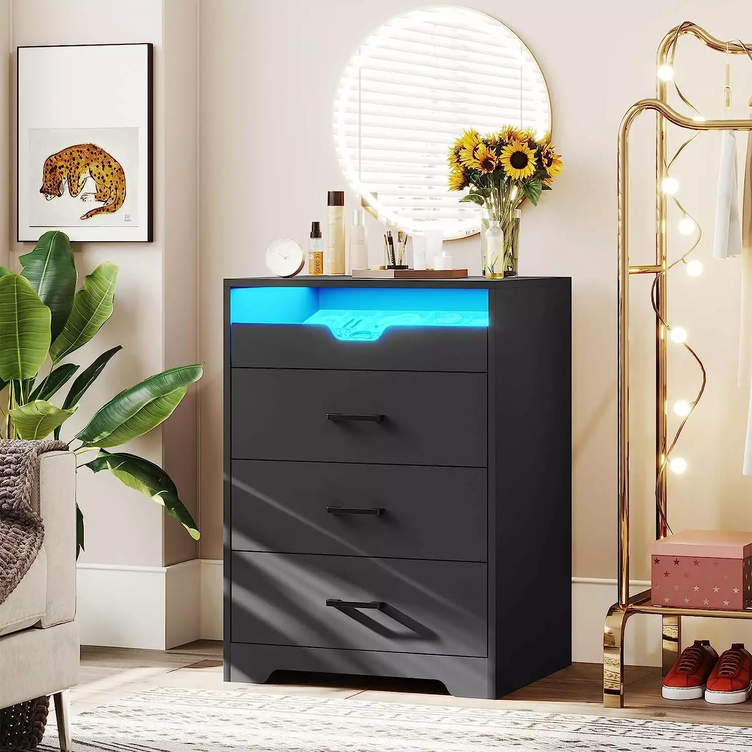 3 Drawers Dresser LED Lights Tall Dresser Pull-Out Tray Black ADORNEVE
