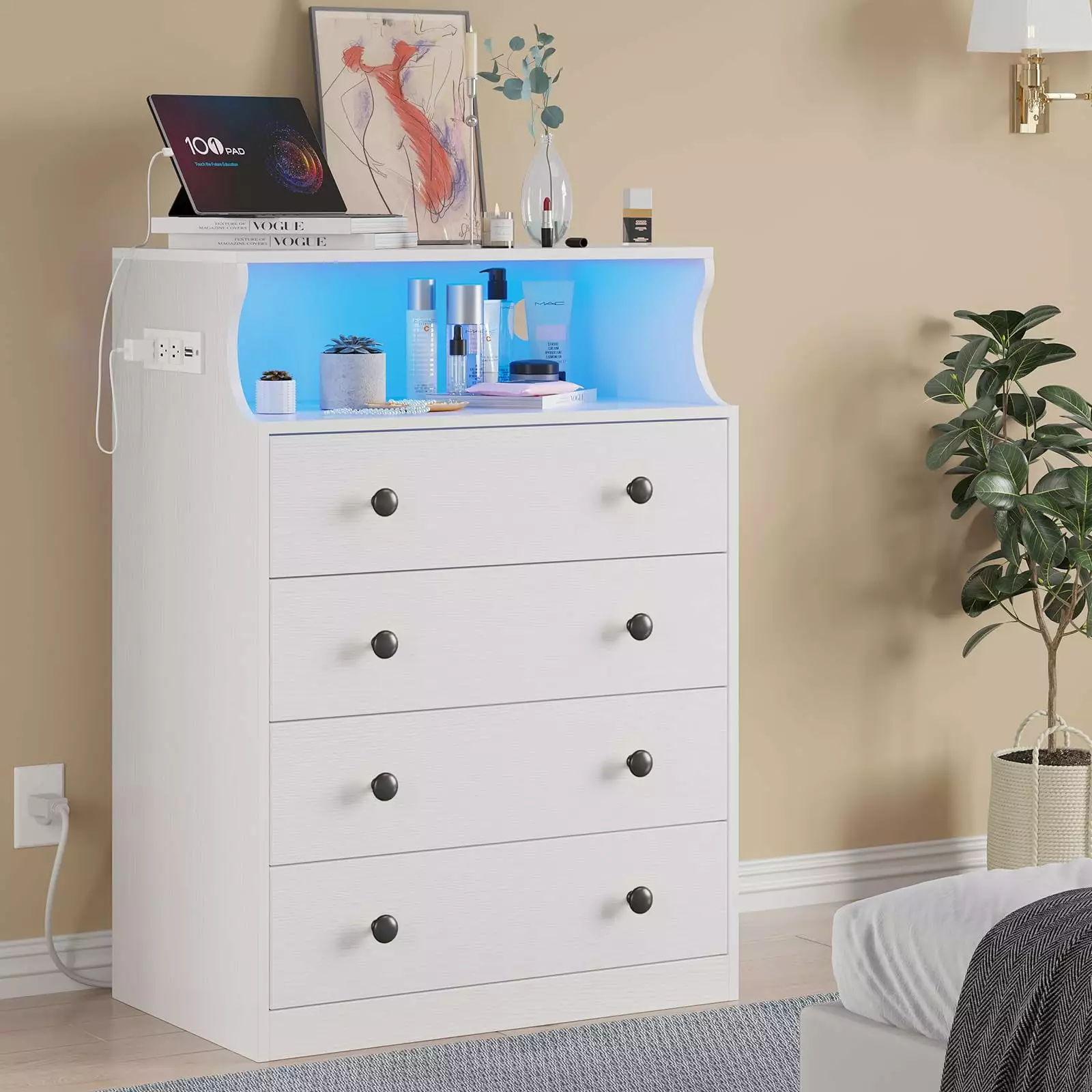 Weiplehoom Dressers Bedroom - 4 Drawers LED Dresser Charging Station White