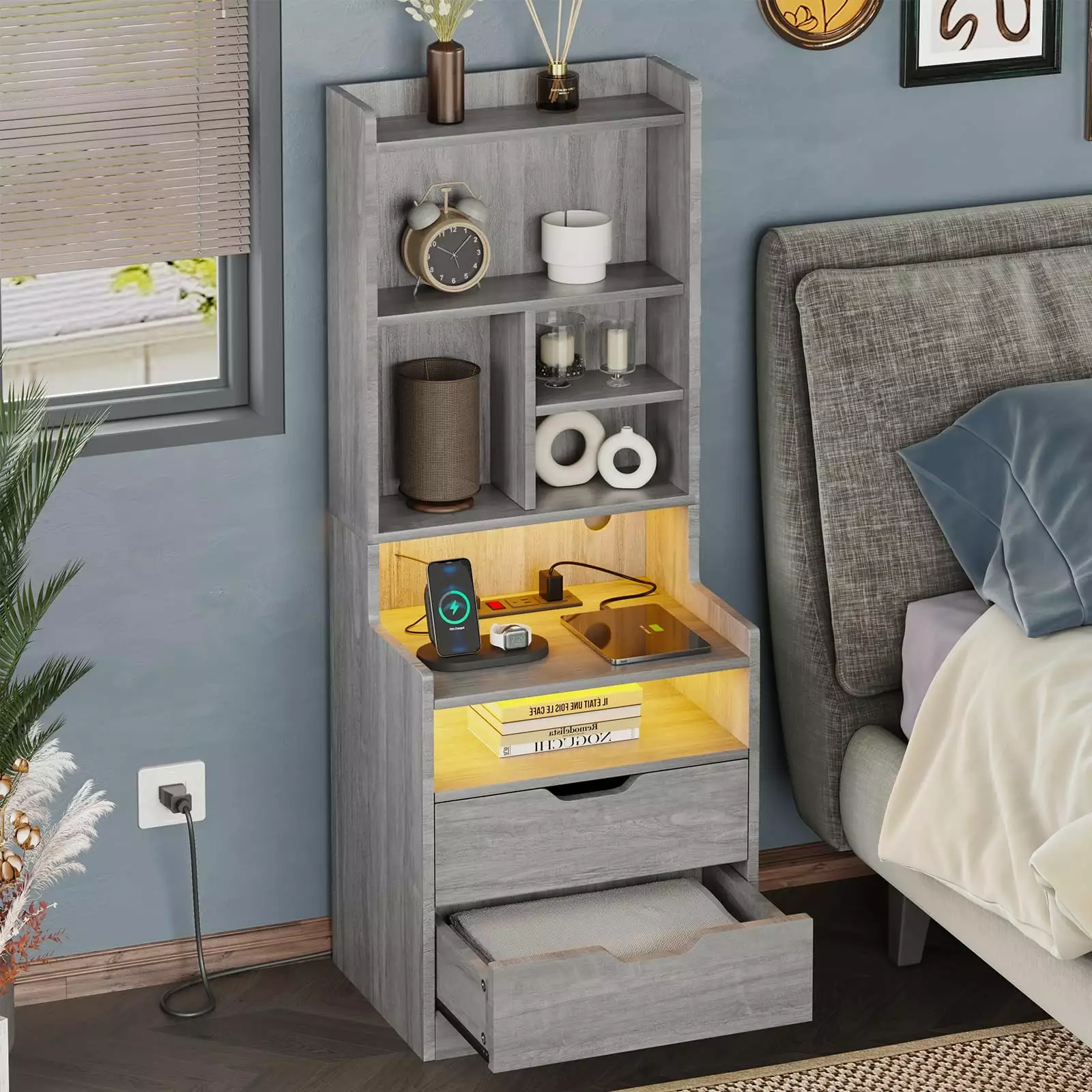 Afuhokles Night Stand Charging Station and LED Lights - Grey Tall Bedside Table Drawers