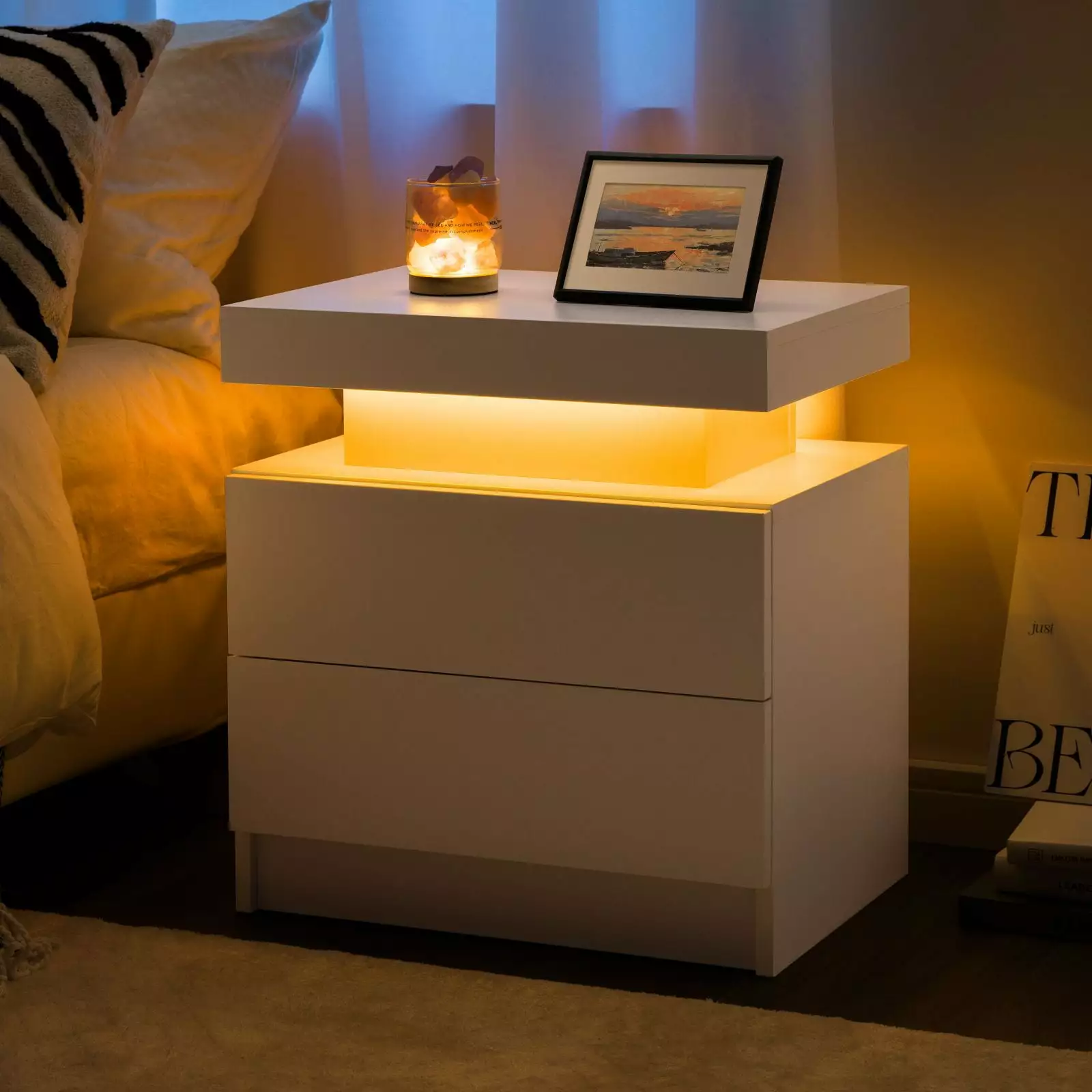 Cubehom LED Nightstand LED End Side 2 Drawers Modern Wood 19x14x20in Adults Bedroom Living Room White