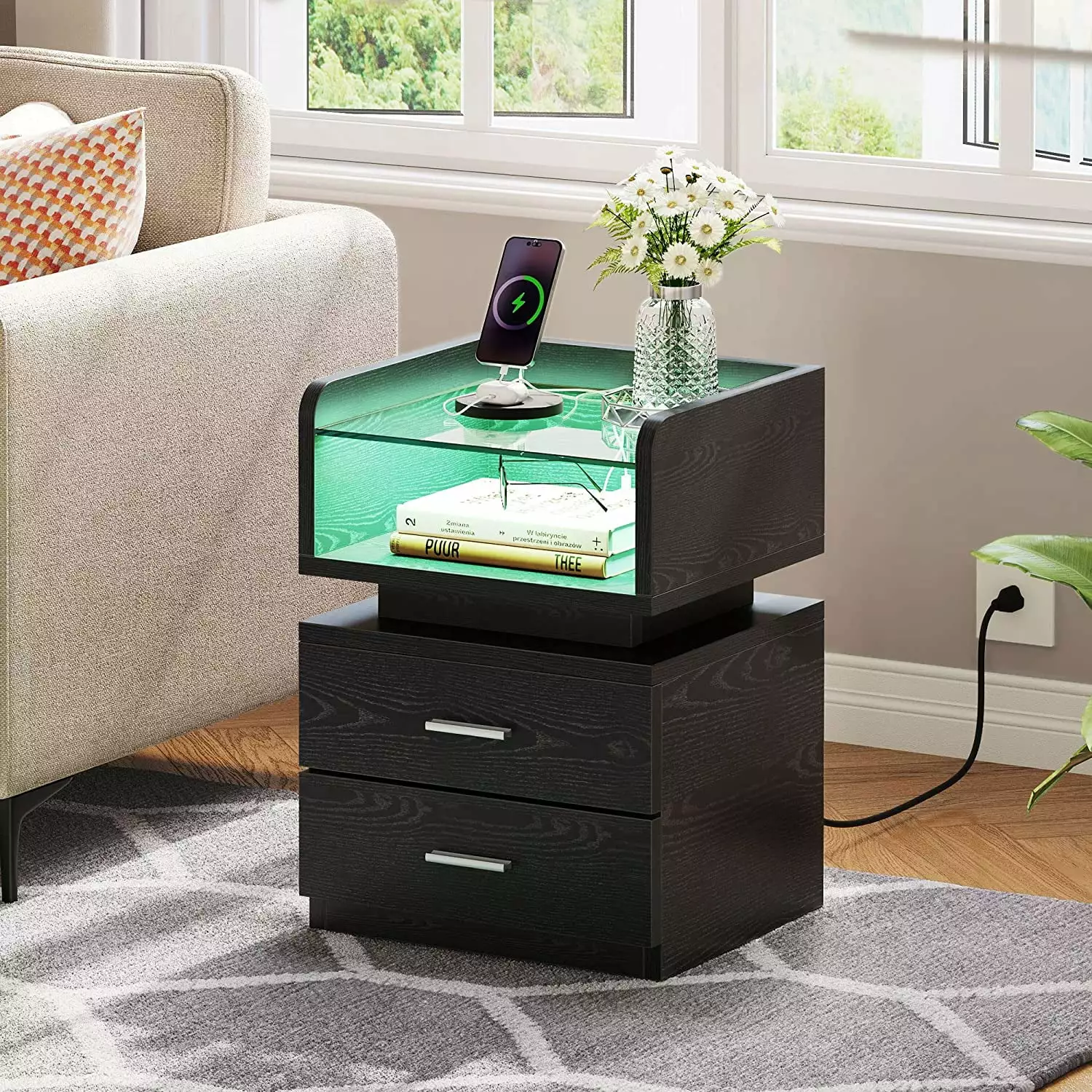 Dextrus LED Nightstand Charging Station - Modern Black End Table 2 Drawers and USB Ports