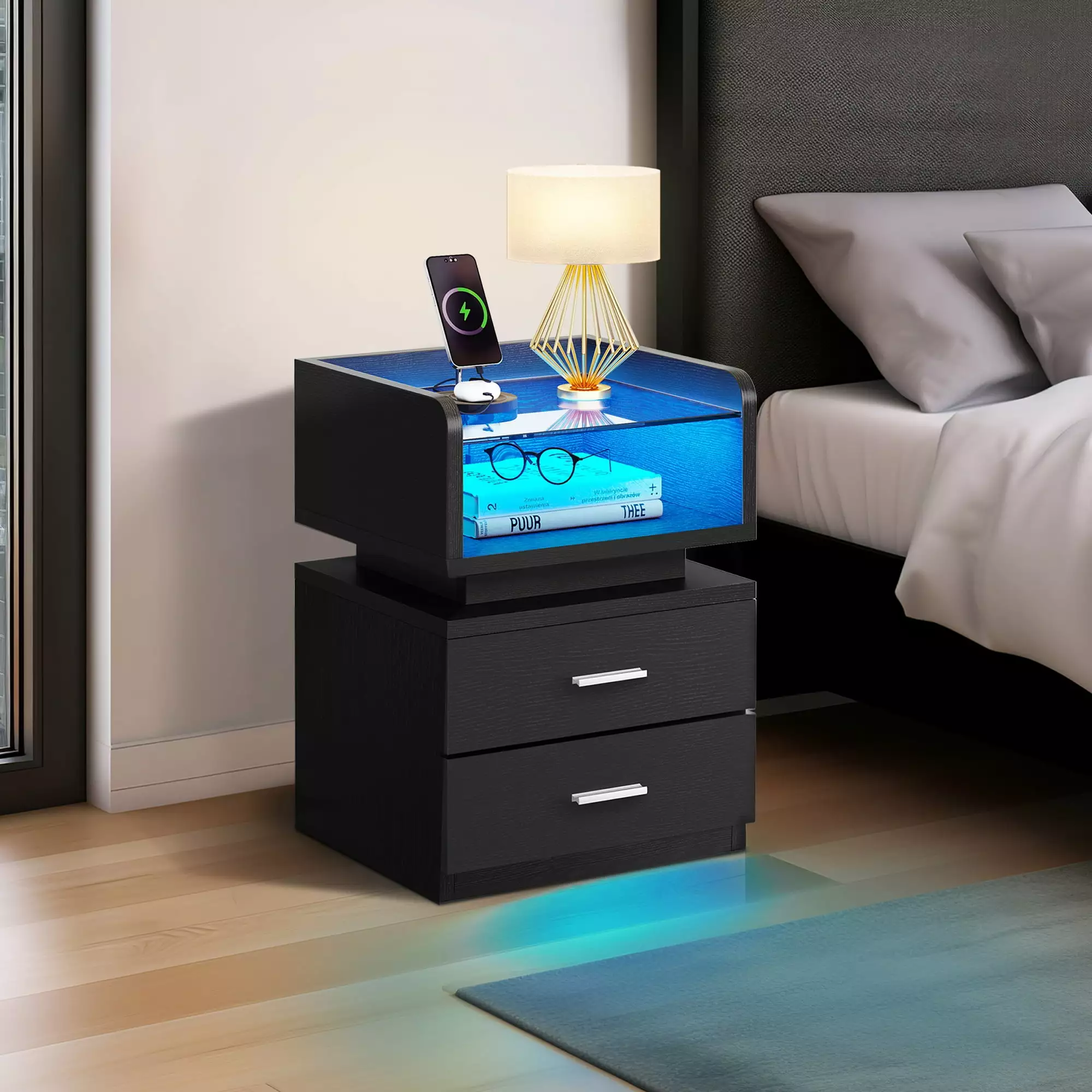 DWVO LED Nightstand Charging Station - Black Bedside Table USB Ports and Outlets
