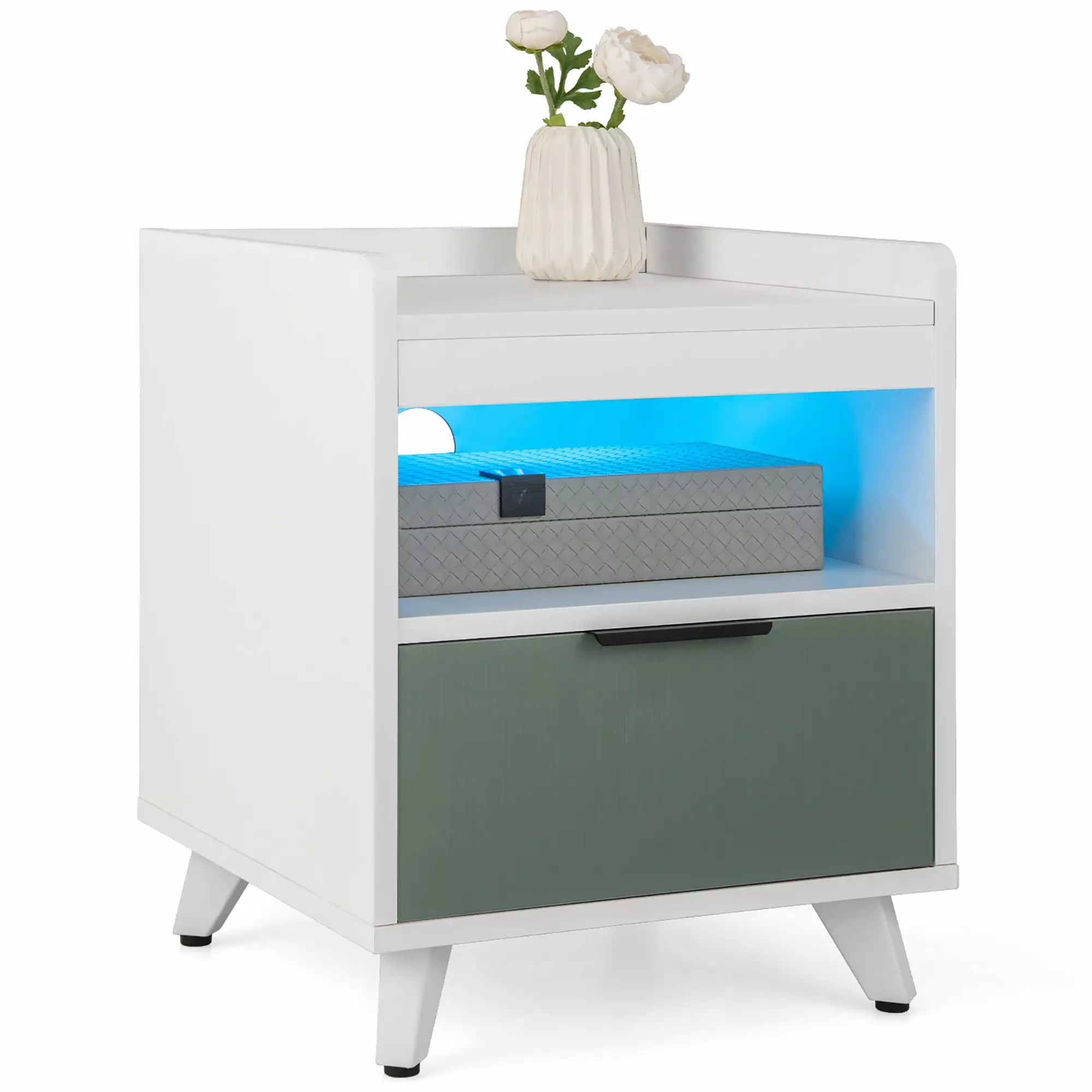 Gymax Nightstand Modern Beside End Table LED Lights Open Compartment and Drawer