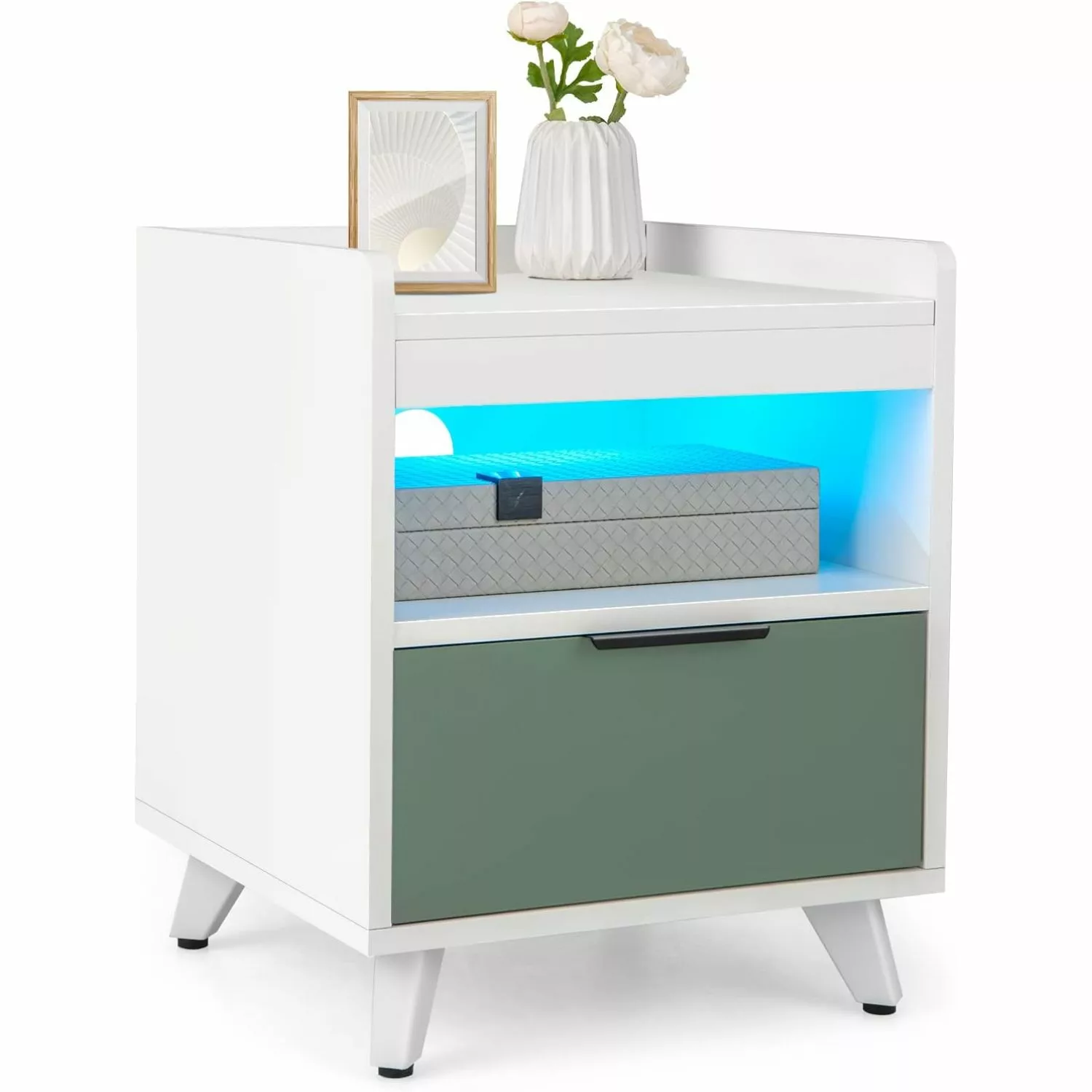 HElectQRIN White LED Nightstand Bed Side Table LED Lights Drawer and Open Storage Shelf