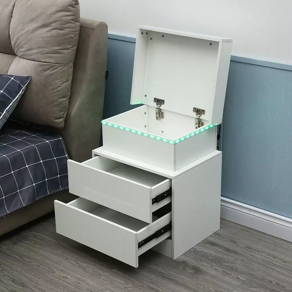 Modern High Gloss Nightstand 2 Drawers LED Light Bedside Table USA Made PetalParadise