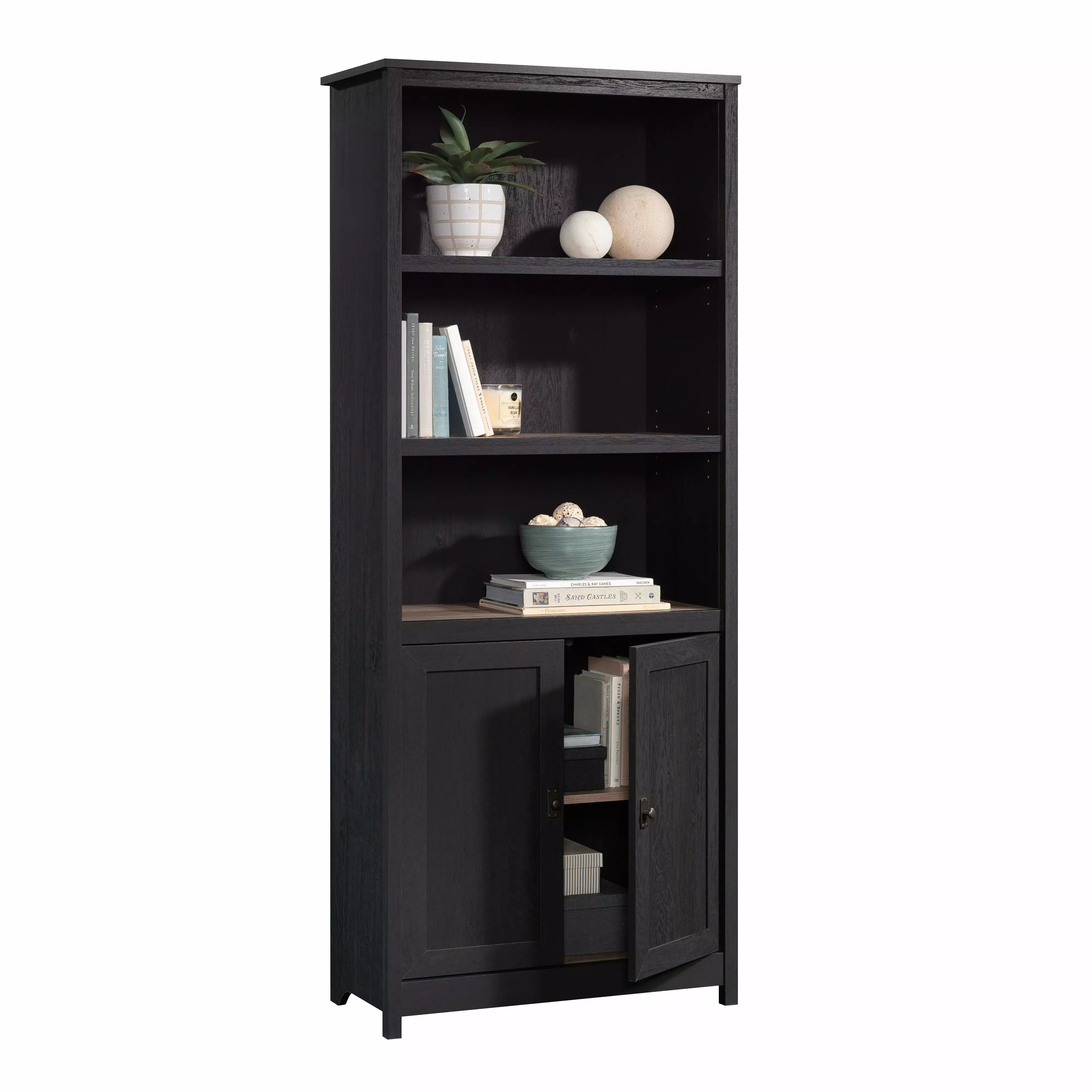 CasaSole 71 Tall Library Bookcase Doors Raven Oak - Elegant Storage