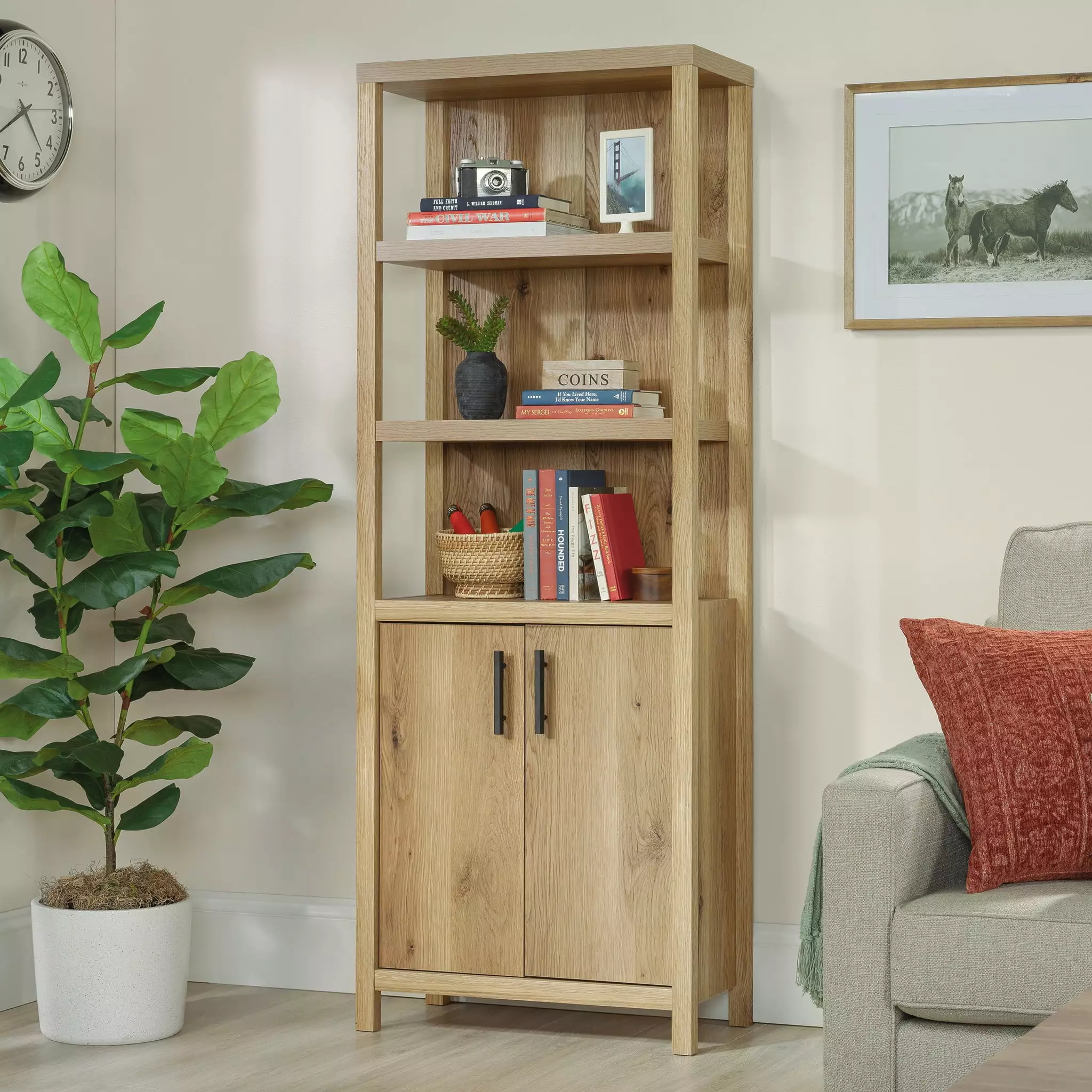Sauder Erie Collection Library Bookcase Doors Timber Oak Finish