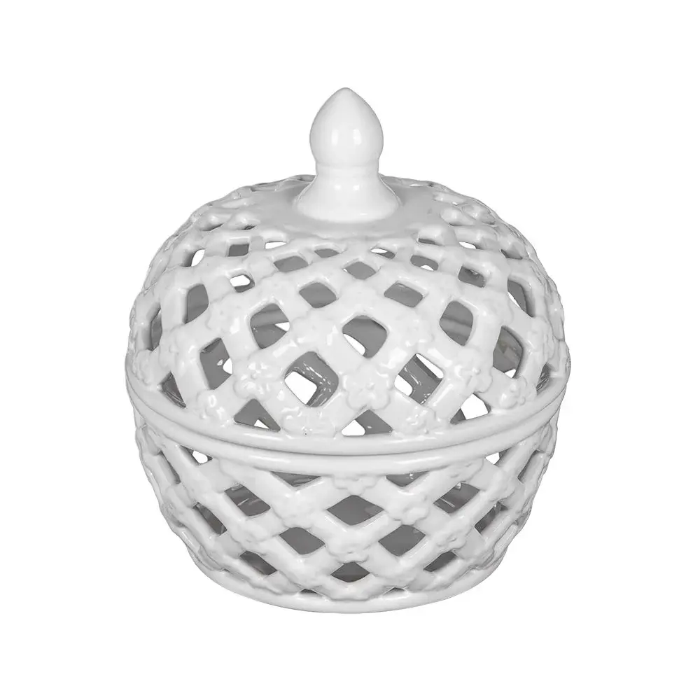 Vented Food Ceramic Lidded Jar Lattice Design - Pearl