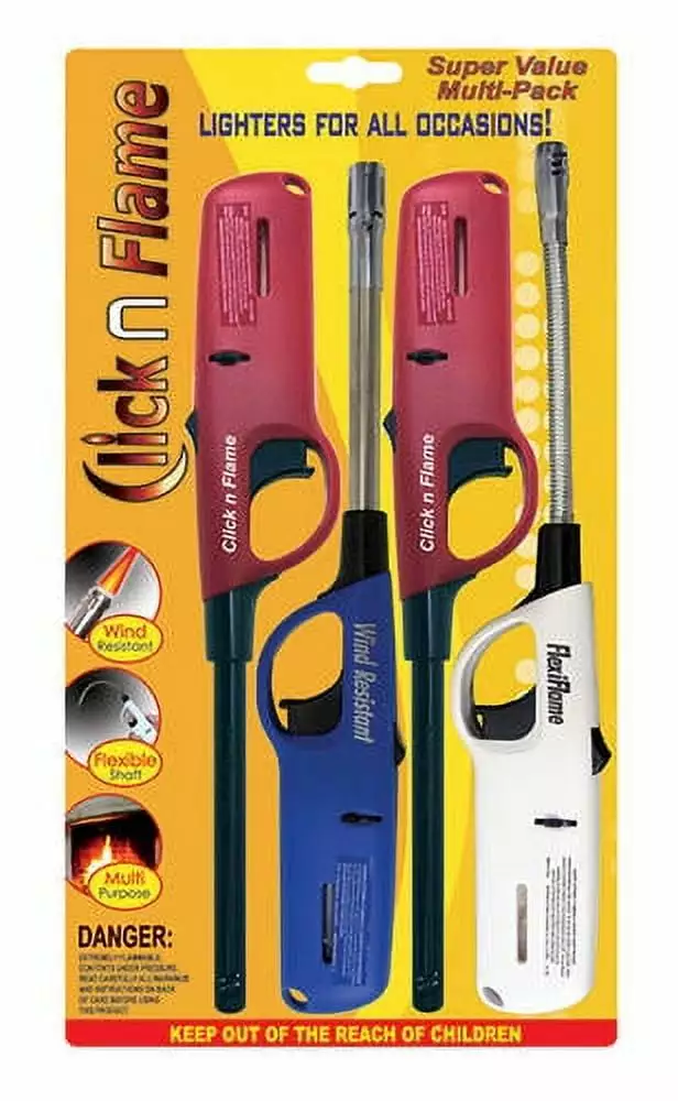Click n Flame Utility Lighter Wind Resistant Flexible Shaft 4 Pack