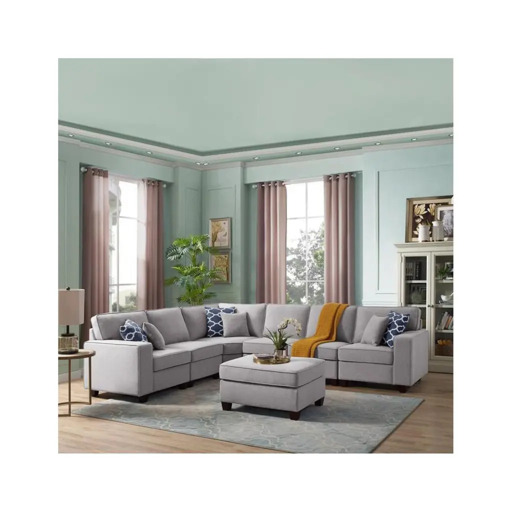 Maykoosh Gothic Glamour Light Gray Linen 7-Piece Modular L-Shape Sectional Ottoman