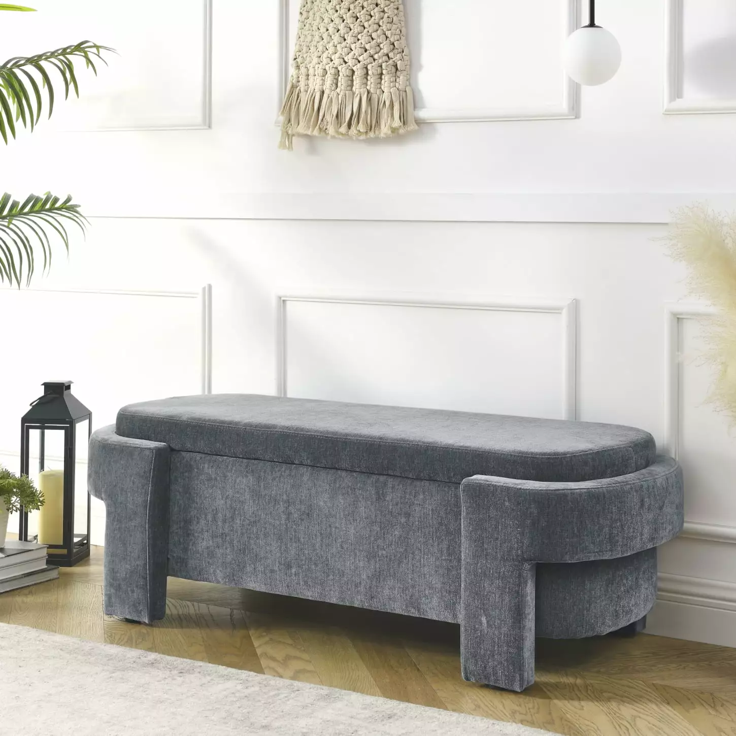 Chic Grey Chenille Upholstered Storage Bench 51.5 x 20.5 x 17 Foam Cushioning and Durable Wooden Frame Benches HATNOKIL