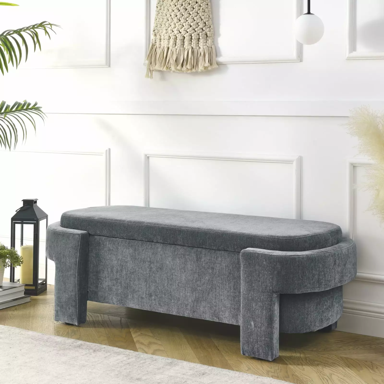 Chic Grey Chenille Upholstered Storage Bench 51.5 x 20.5 x 17 Ample Storage Space and Foam Cushioning Benches Wodine