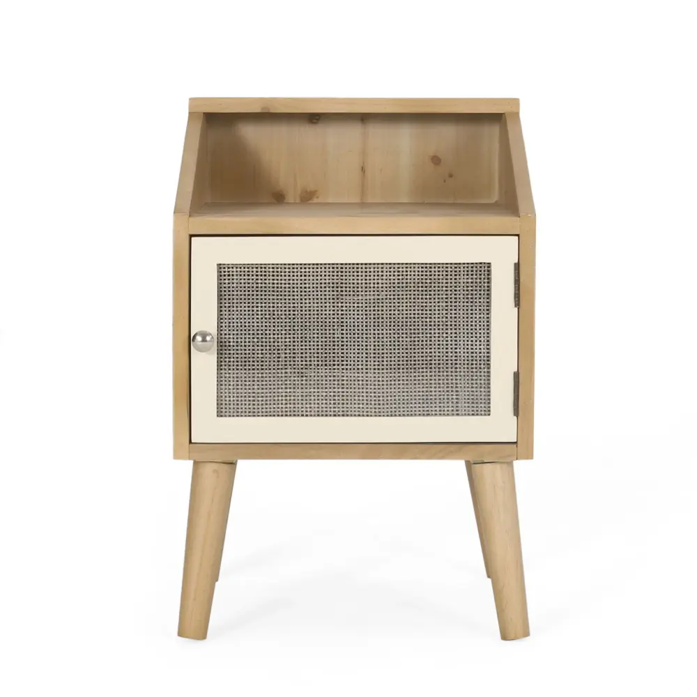 Contemporary End Table Rattan Accents And Tempered Glass - Natural / Alabaster