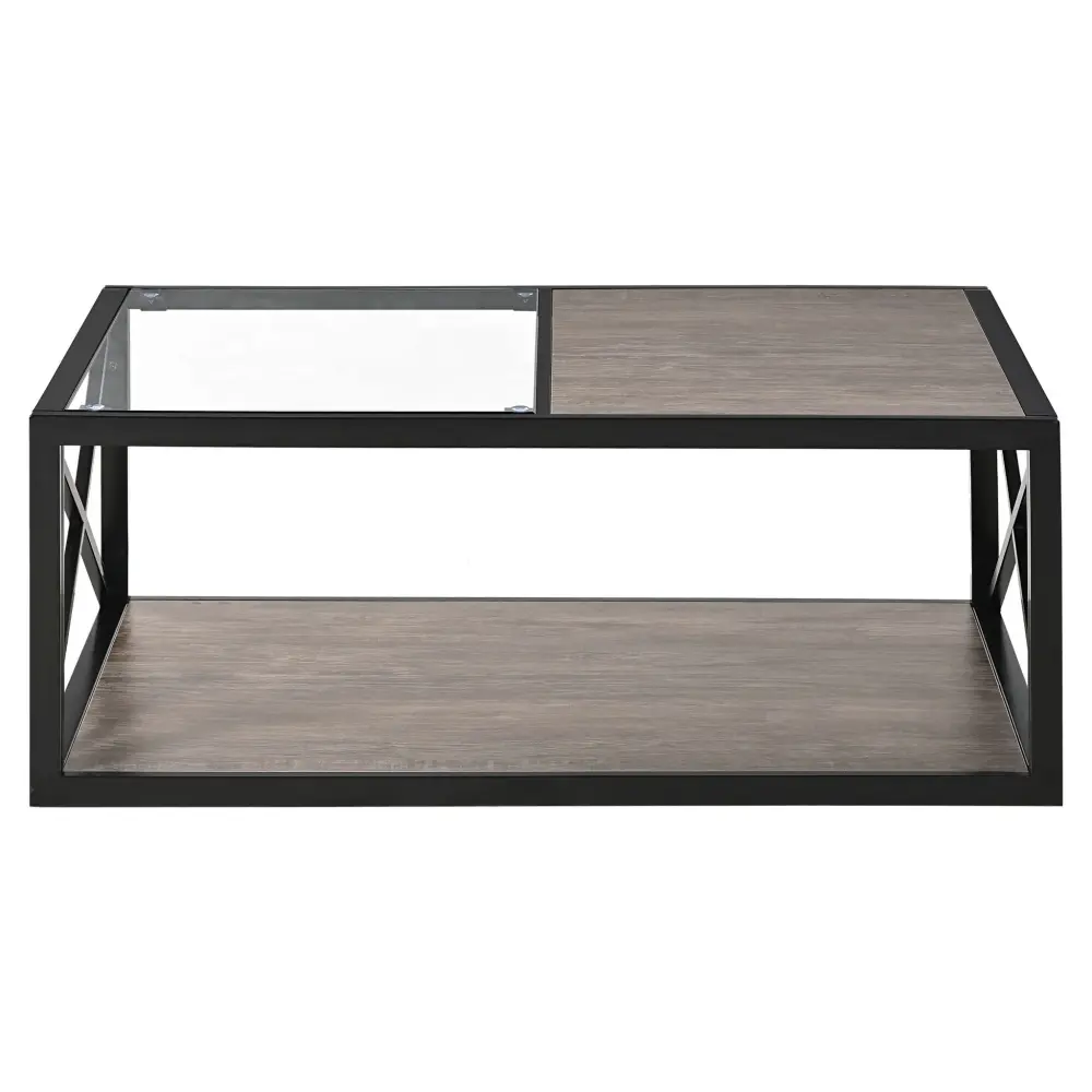 Industrial Style Coffee Table Bedroom & Living Room Tempered Glass & Wood Grain - Wood