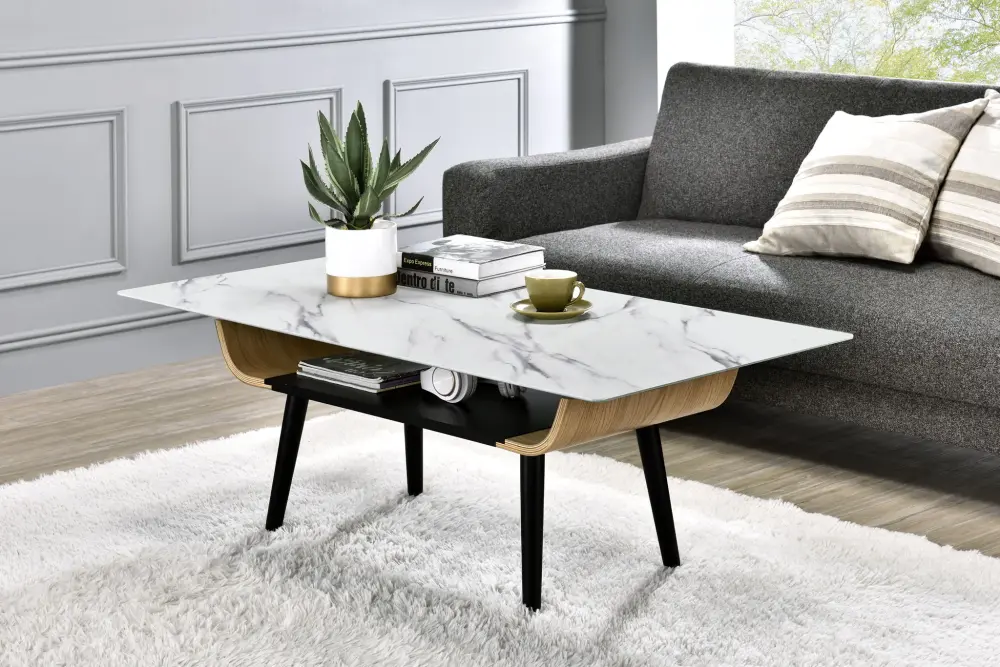 Landon - Coffee Table Glass Marble Texture Top And Bent Wood Design