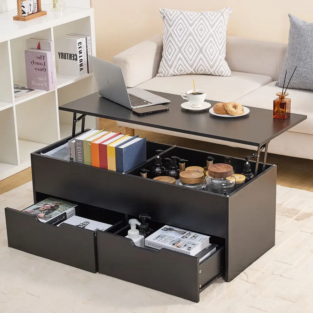 Lift-Top Coffee Table Storage Center Tables Hidden Compartment & 2 Drawers, Sofa Table Living Room - Ebony