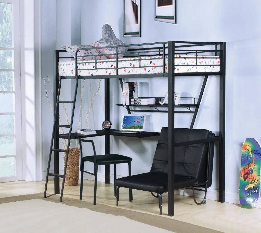 Senon Silver & Black Loft Bed Built- Desk