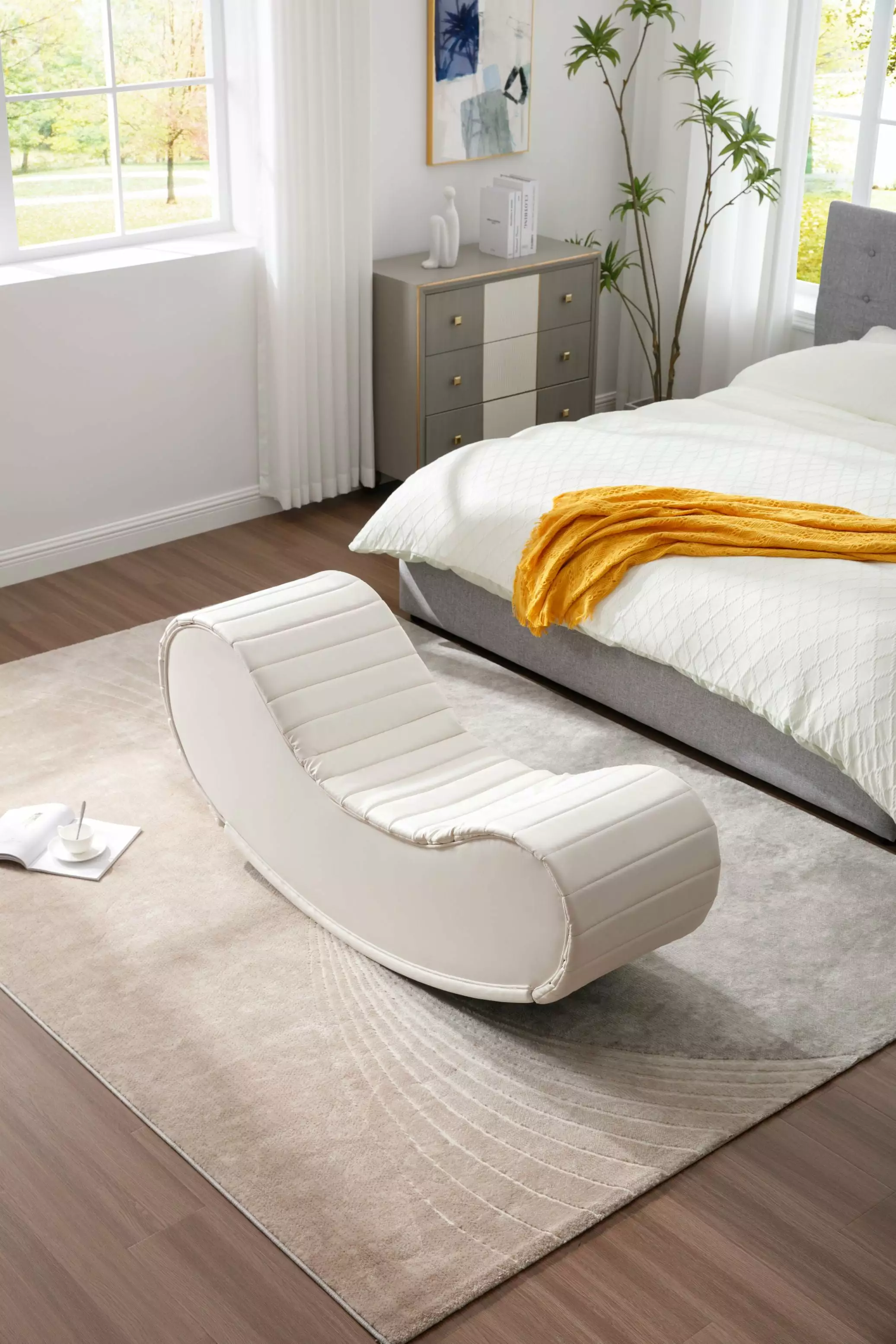 Yoga Chair Faux Leather Curved Sofa Relax Yoga Chaise Upholstered Decompression Chair White Living Room Bedroom Chaise GUT...