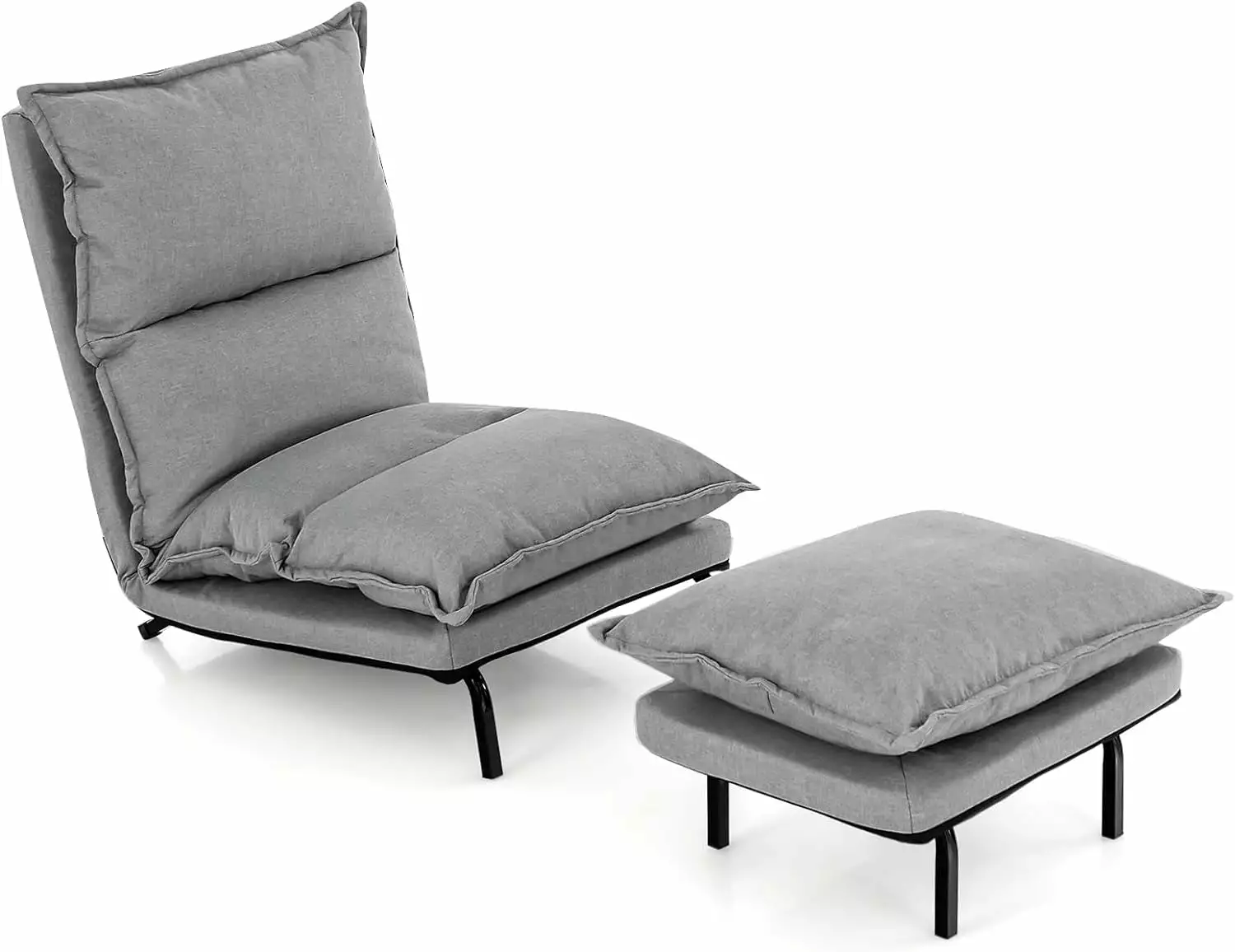 Floor Lazy Sofa Chair Ottoman Modern Recliner Lounge Chair 6-Level Adjustable Backrest Faux Linen Fabric Chaise Lounge Gra...